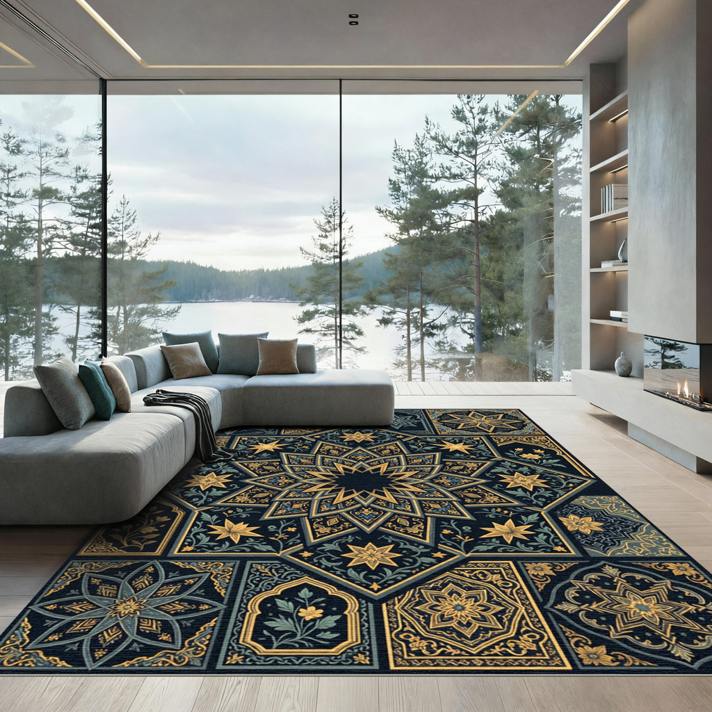 Intricate Golden Starburst Tile Collage Rug