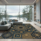 Intricate Golden Starburst Tile Collage Rug
