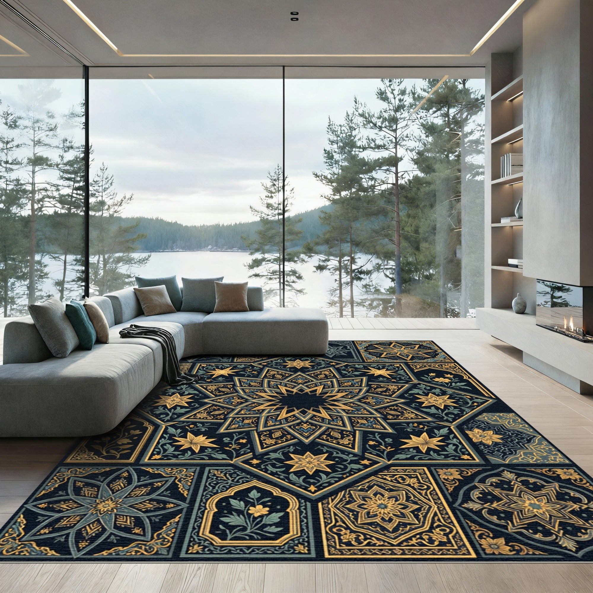 Intricate Golden Starburst Tile Collage Rug