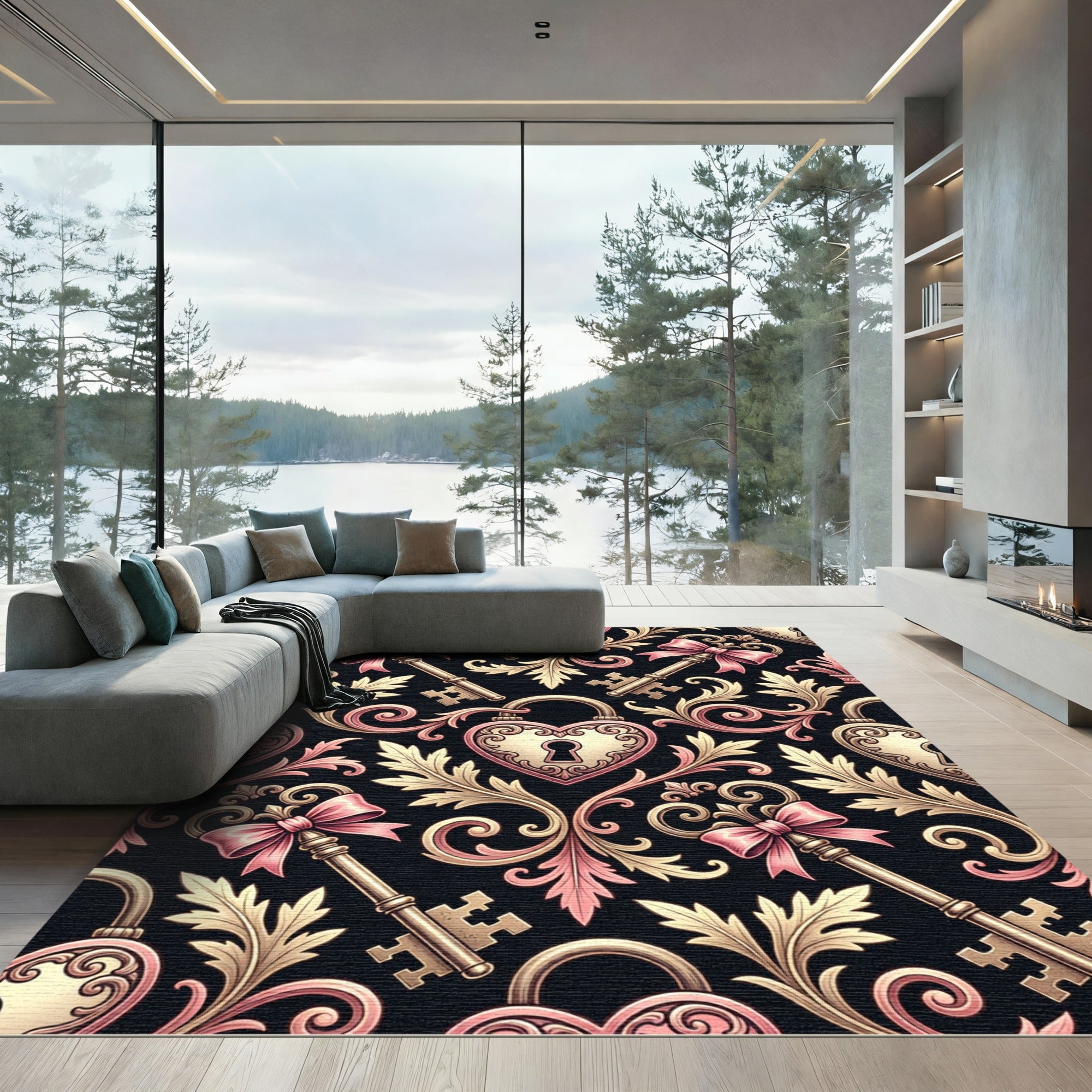 Vintage Pink Gold Heart Key Scrolls Rug