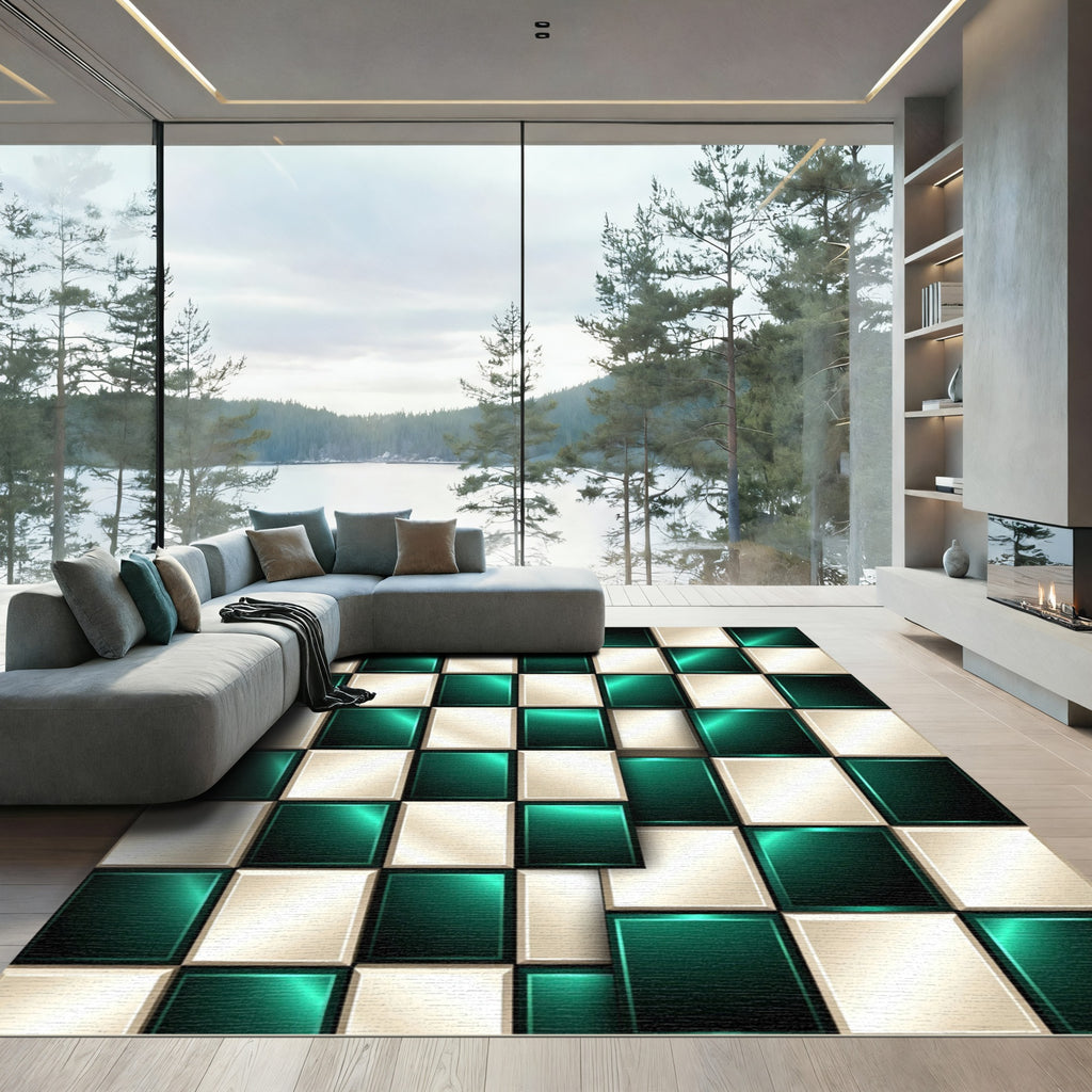 Emerald Cream Metallic Chessboard Rug