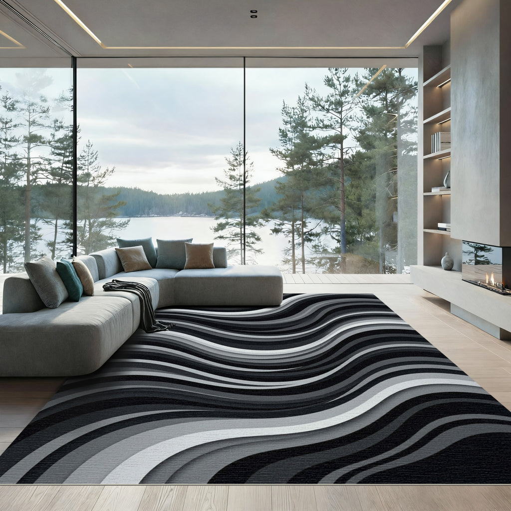 Monochrome Wave Layered Composition Rug