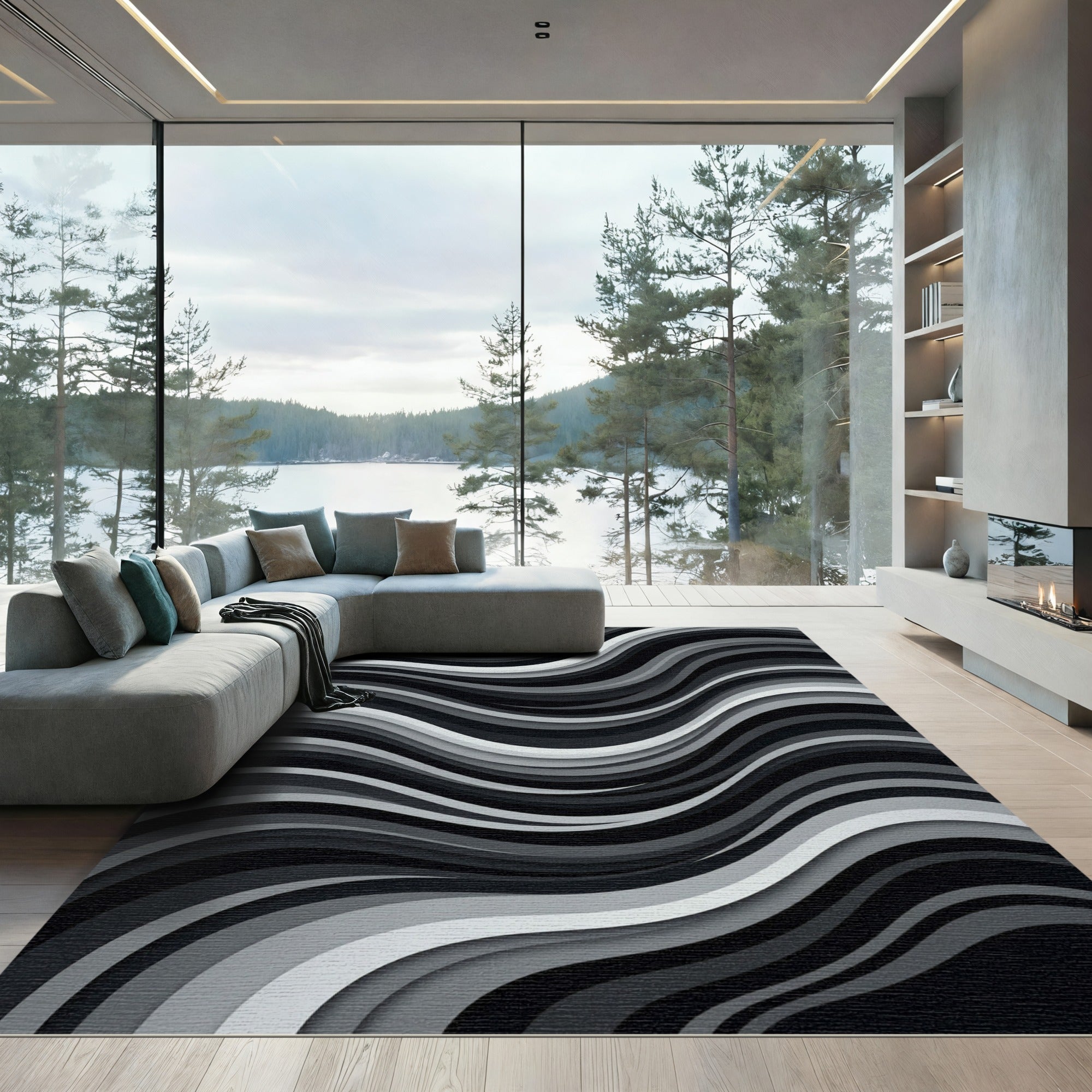 Monochrome Wave Layered Composition Rug