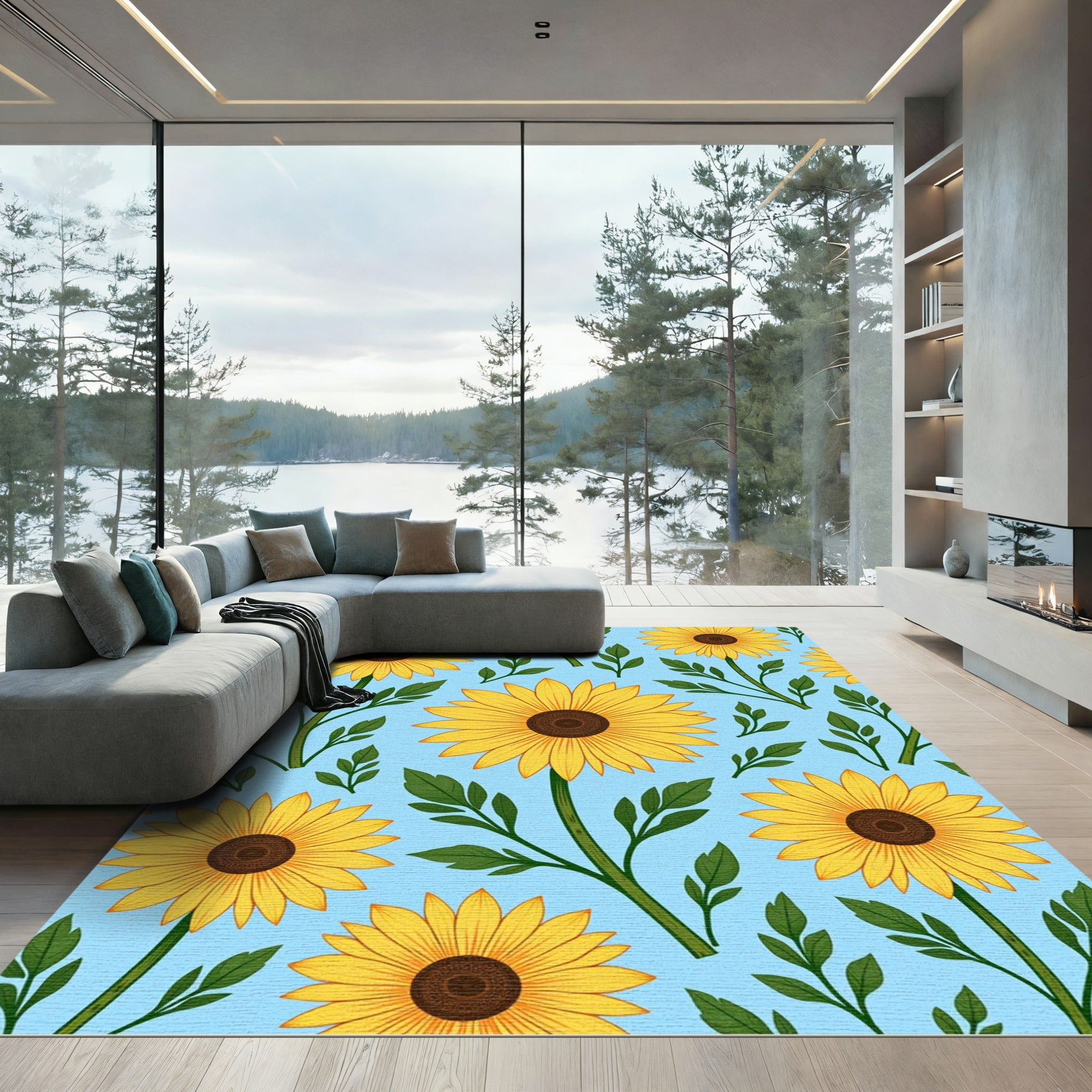 Sunny Yellow Sunflower Garden Pattern Rug