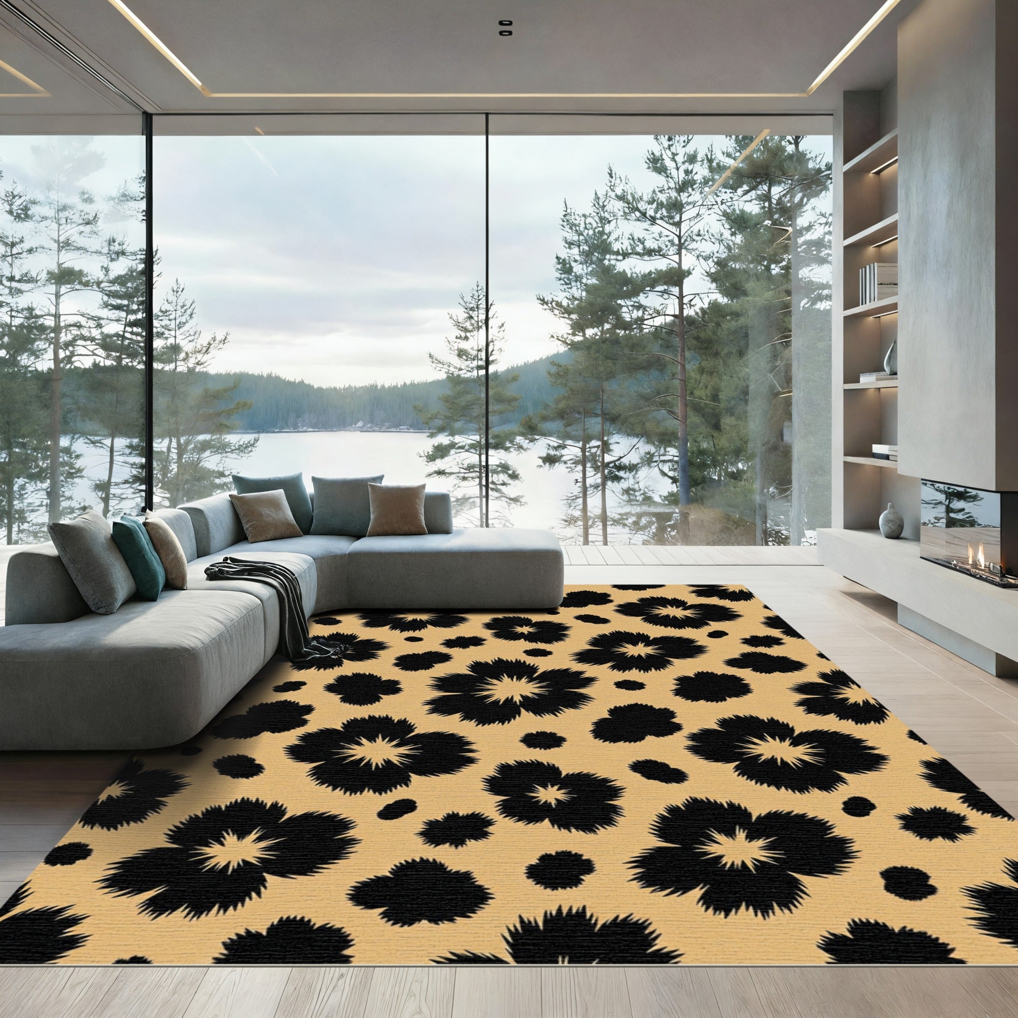 Black Fluffy Floral Beige Ochre Rug