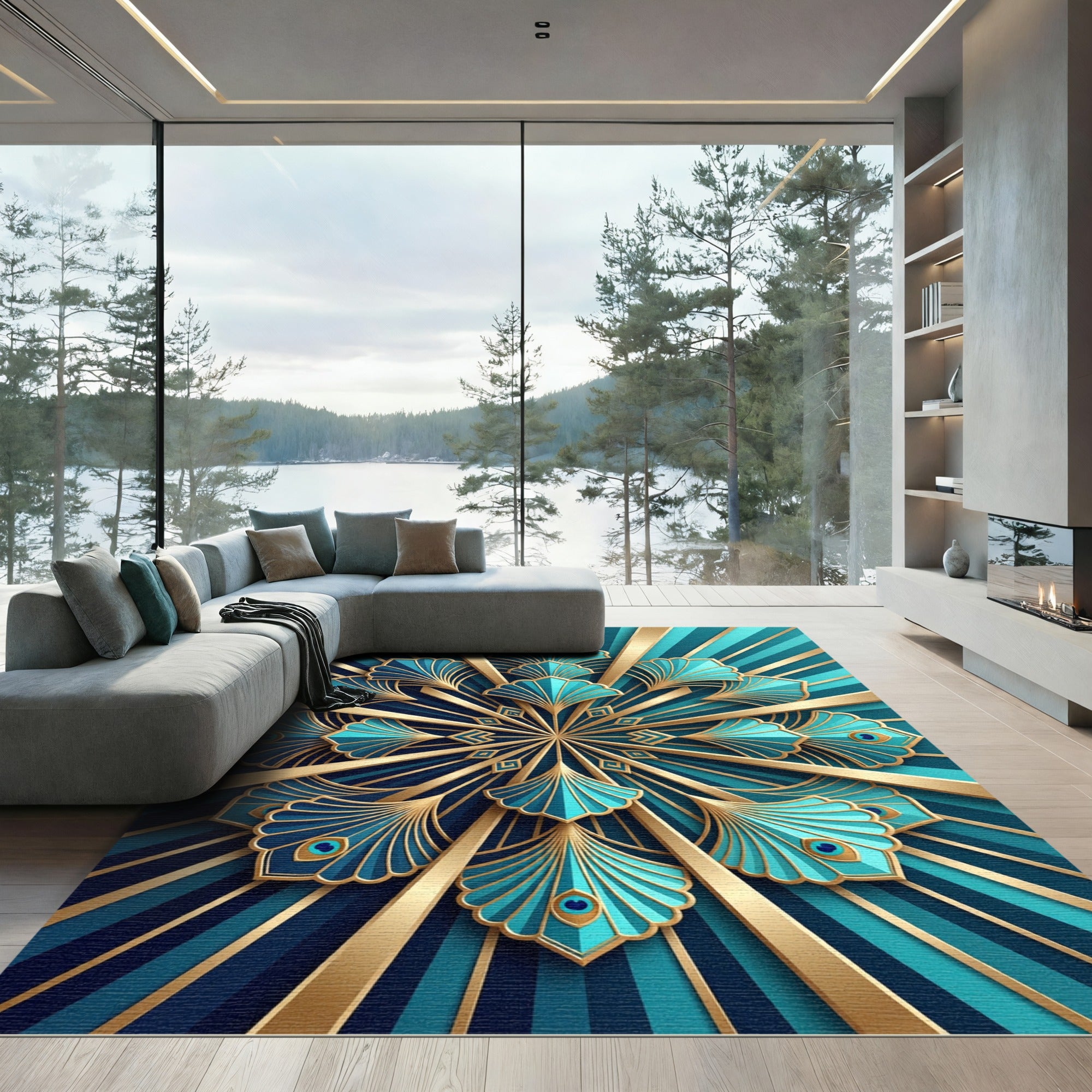 Art Deco Teal Gold Fan Radiance Rug
