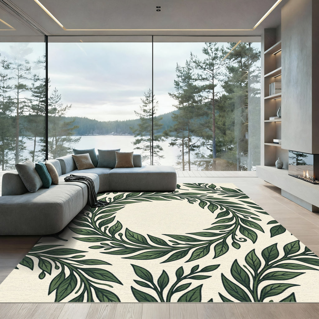 Lush Green Botanical Wreath Rug