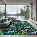 Whimsical Blue Dinosaur Lush Jungle Landscape Rug