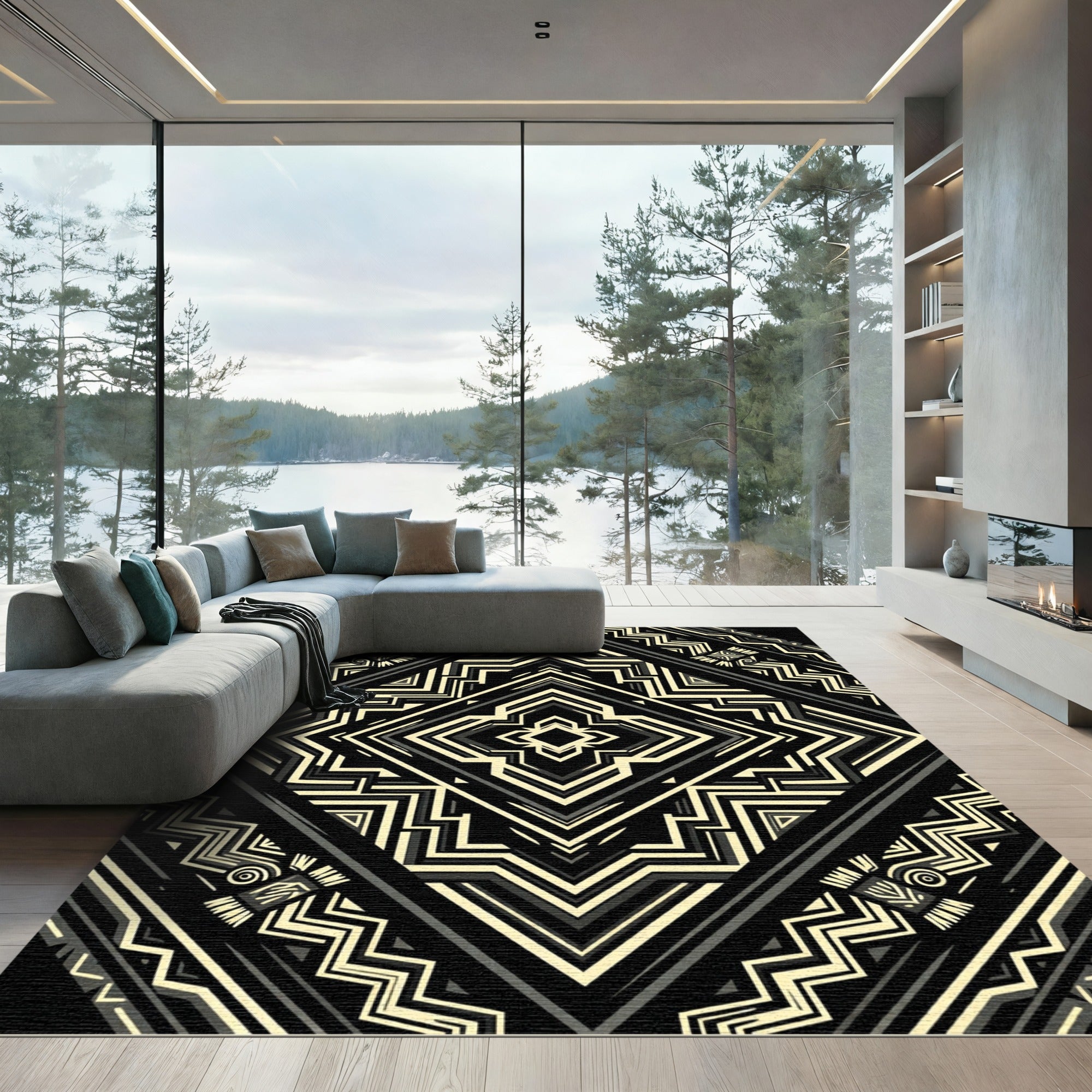 Black and Gold Geometric Art Deco Diamond Rug