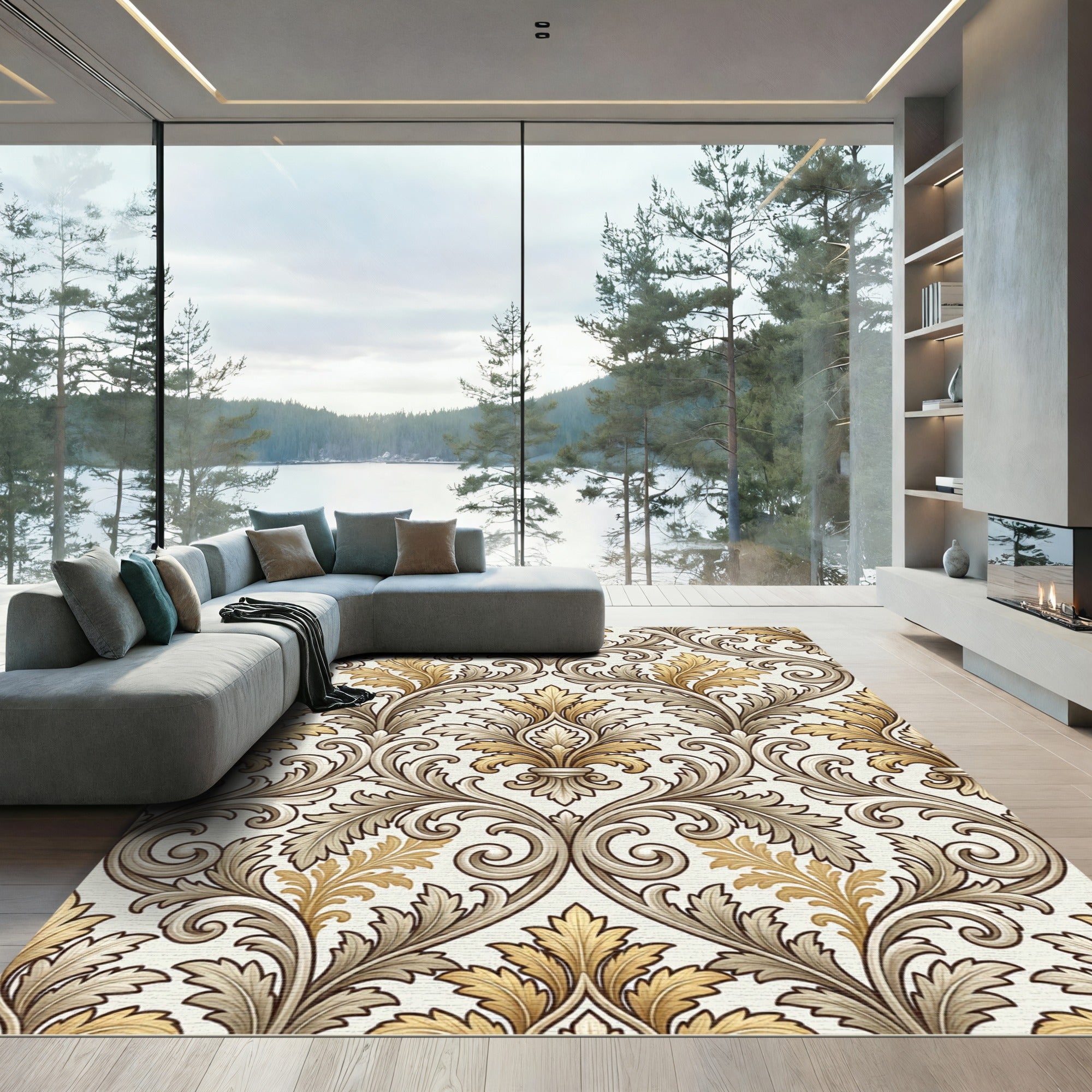 Antique Gold Acanthus Leaf Scroll Rug