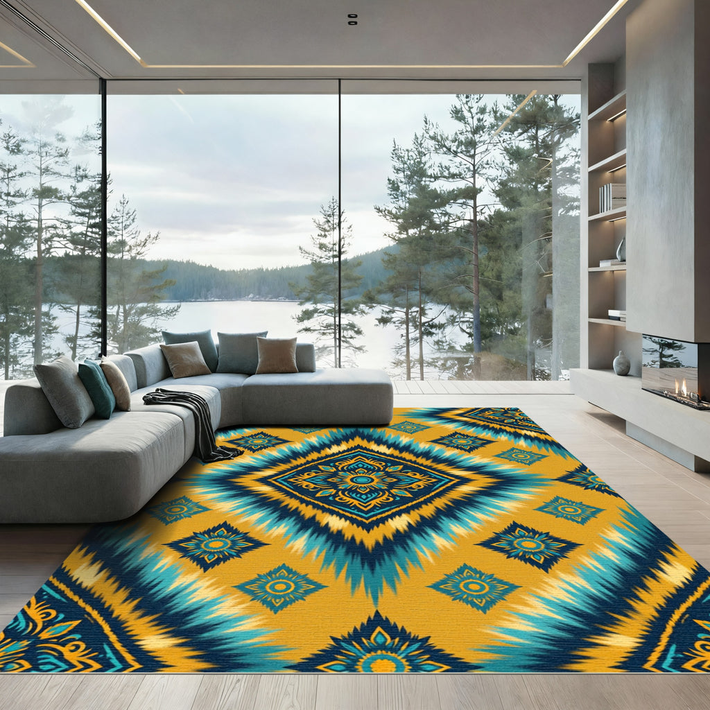 Golden Teal Jagged Diamond Medallion Rug