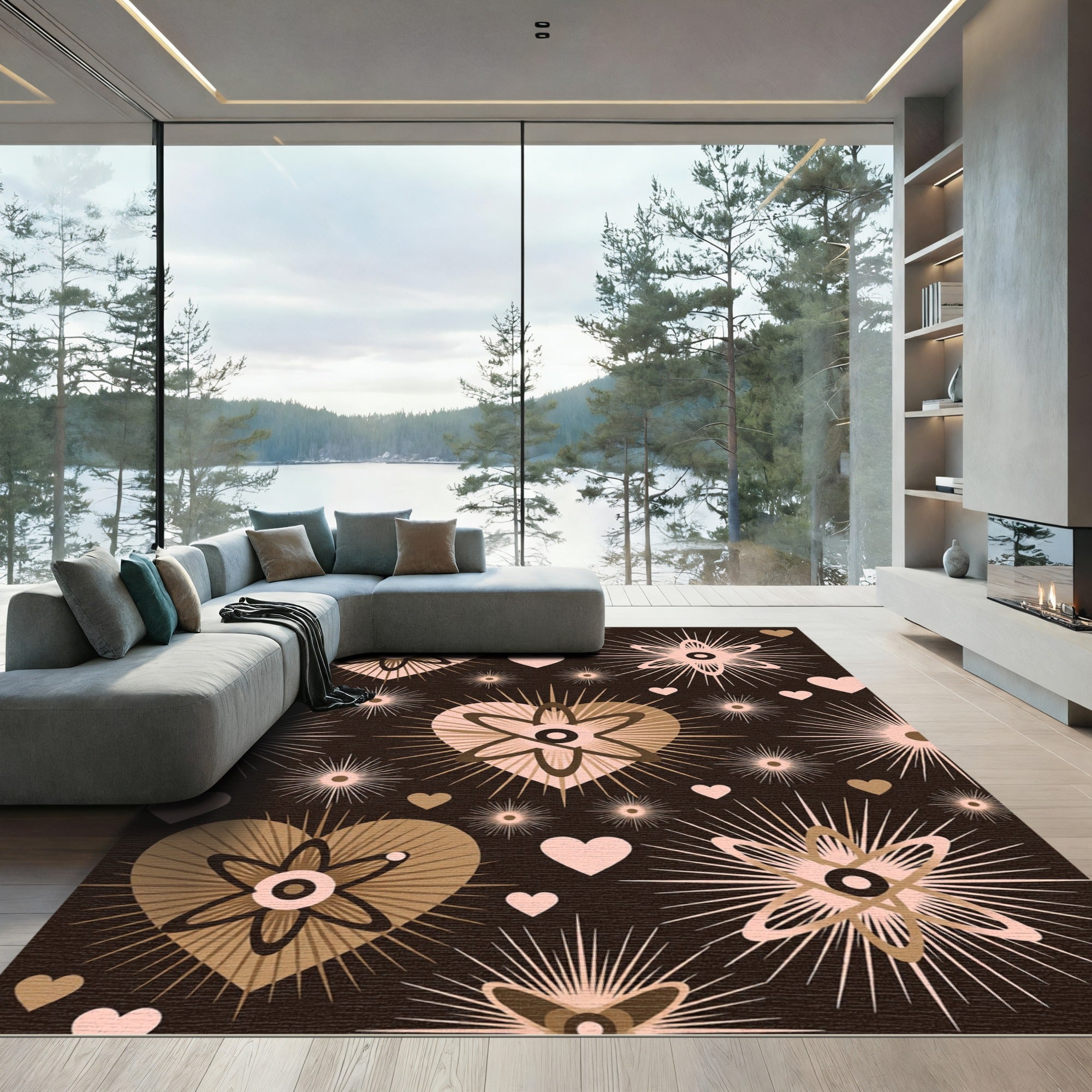 Retro Pink Atomic Hearts Starburst Rug