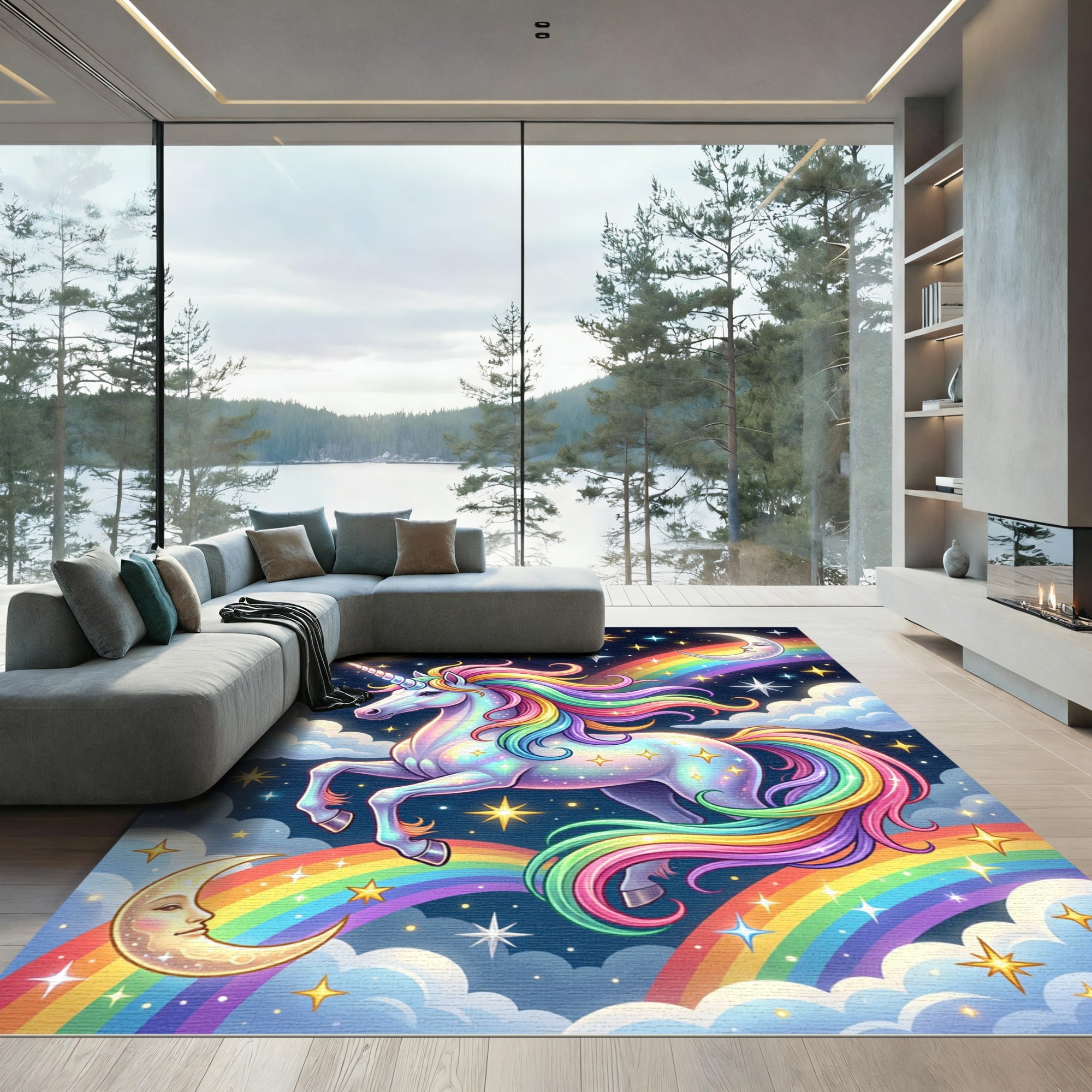 Whimsical Rainbow Unicorn Starry Night Rug