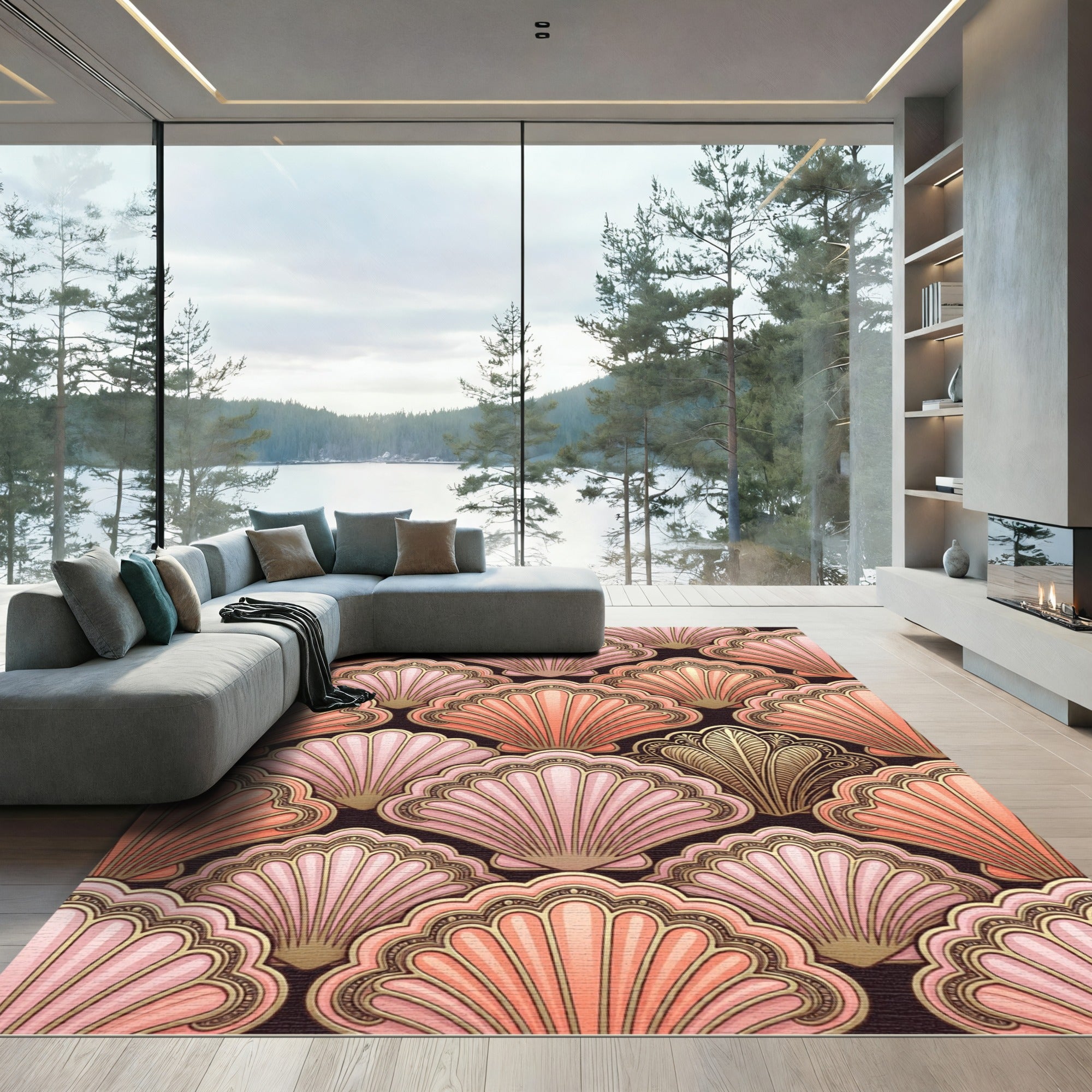 Coral Pink Scallop Shell Arrangement Rug