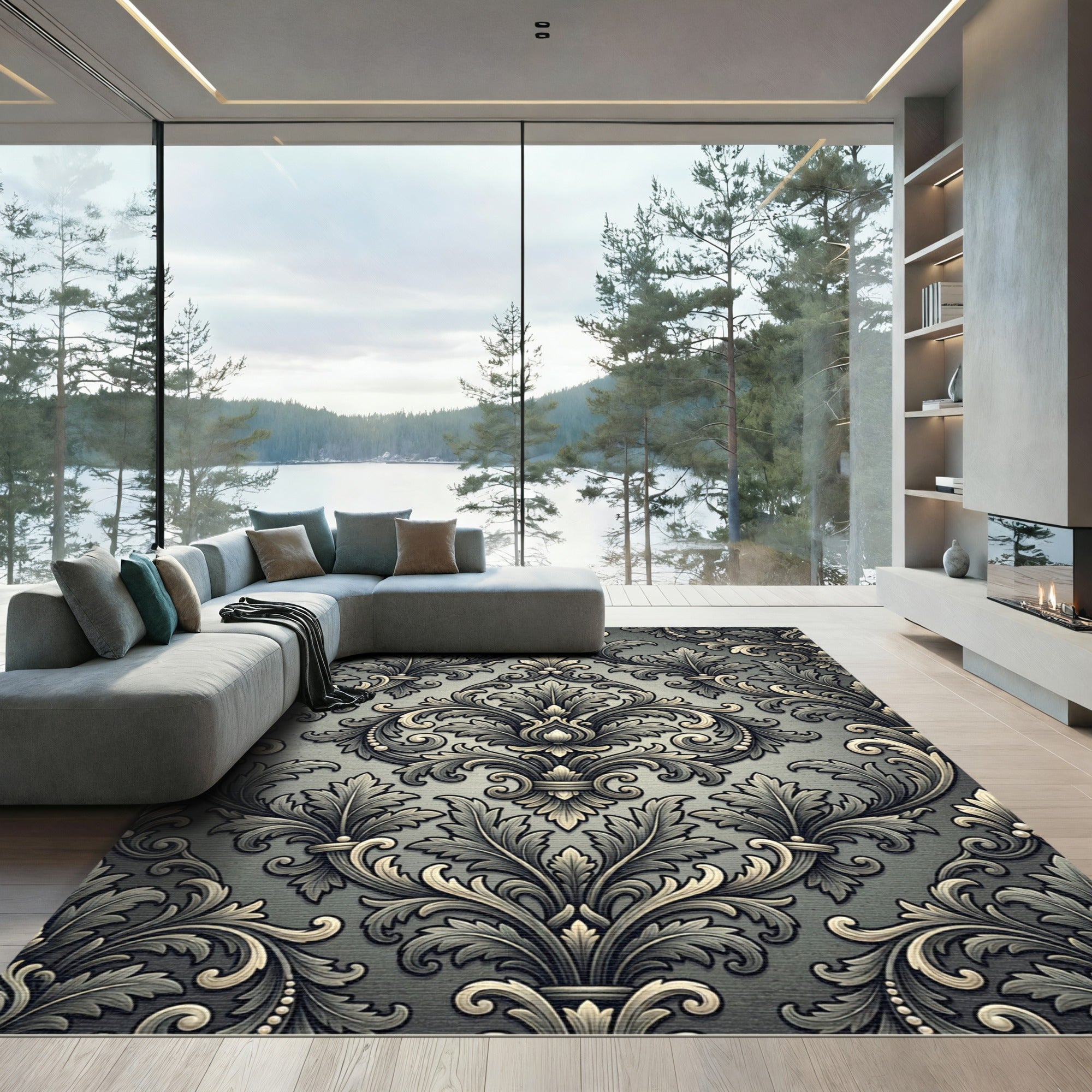 Ornate Silver Acanthus Scroll Rug
