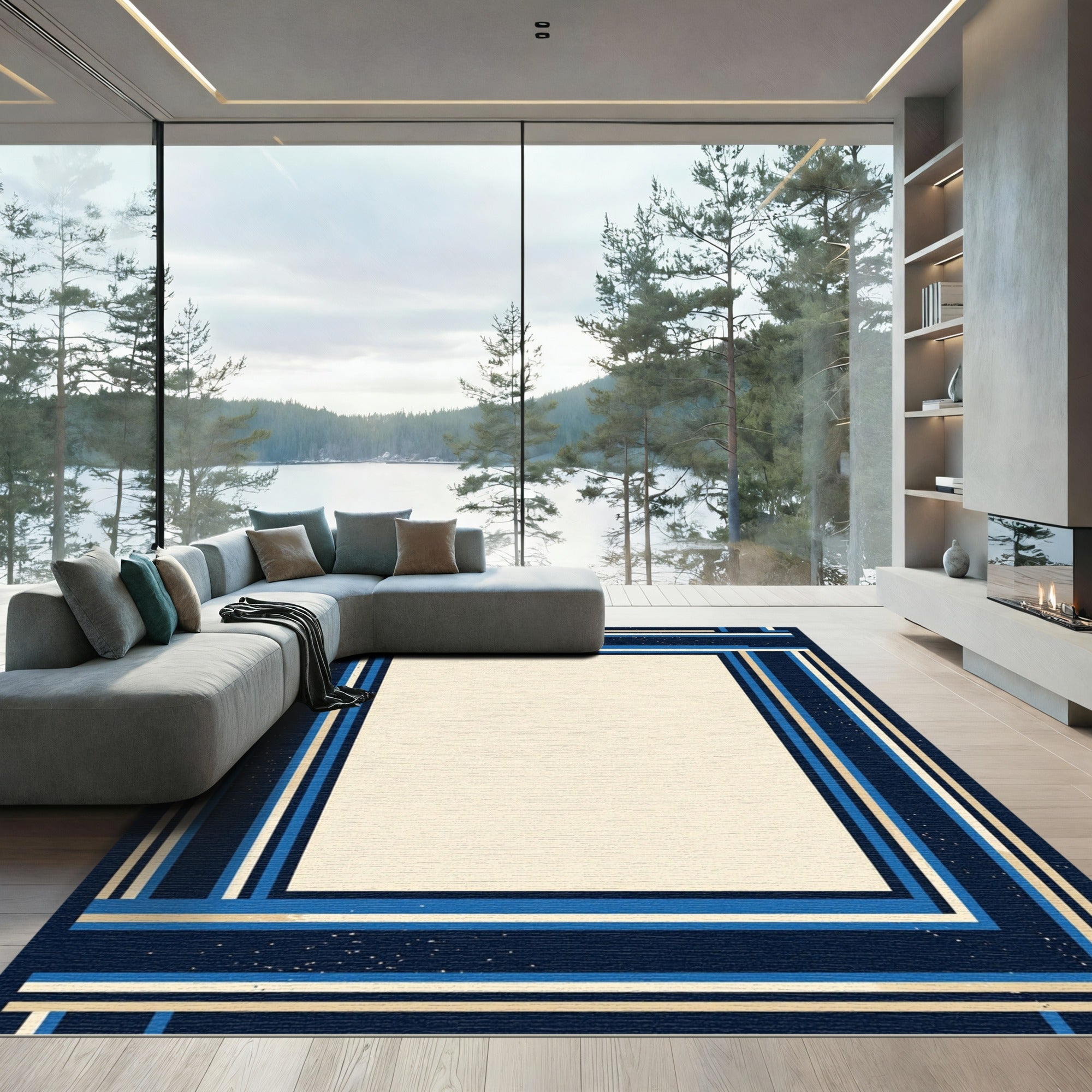 Navy Blue Gold Geometric Stripe Rug