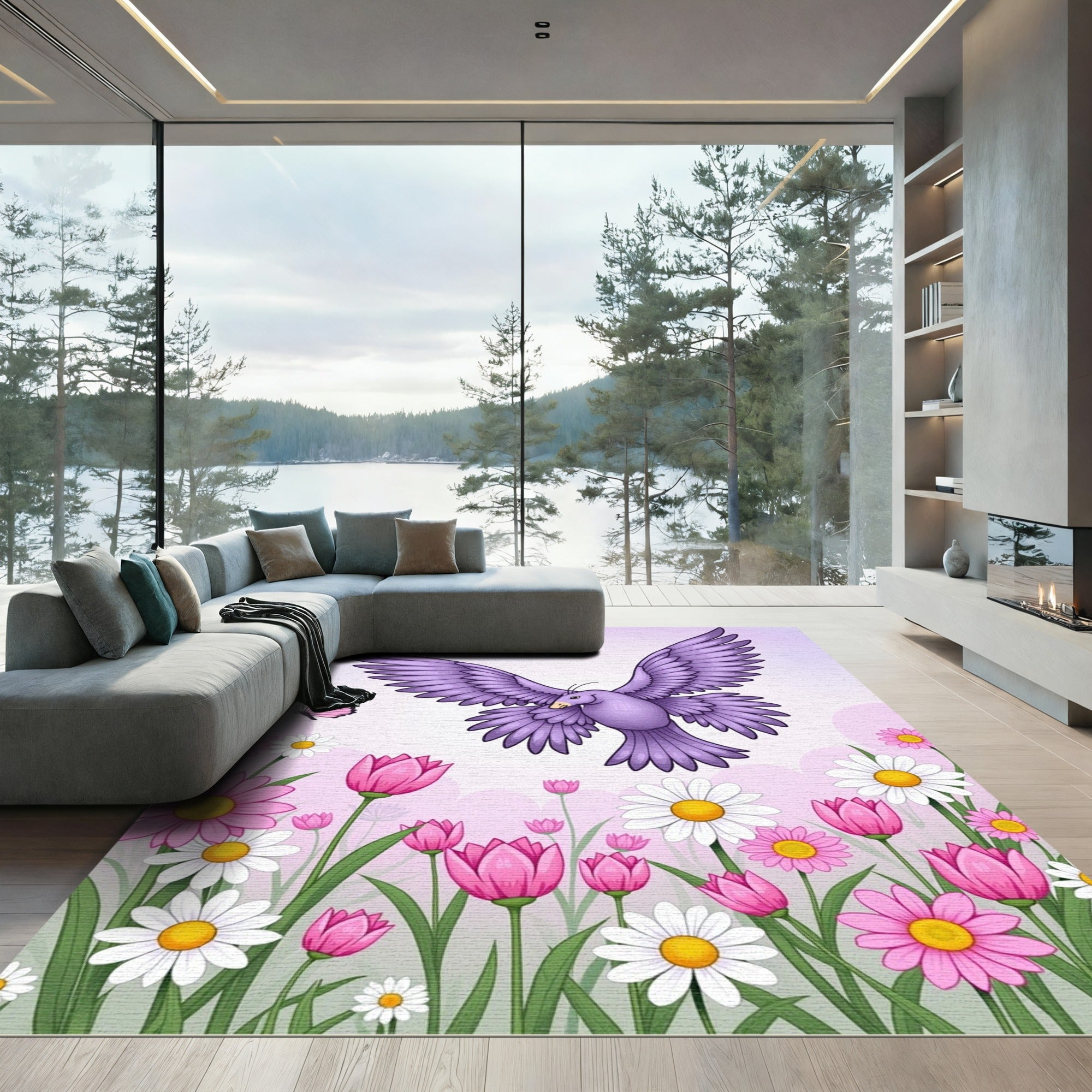 Purple Bird Pink Butterflies Floral Meadow Rug