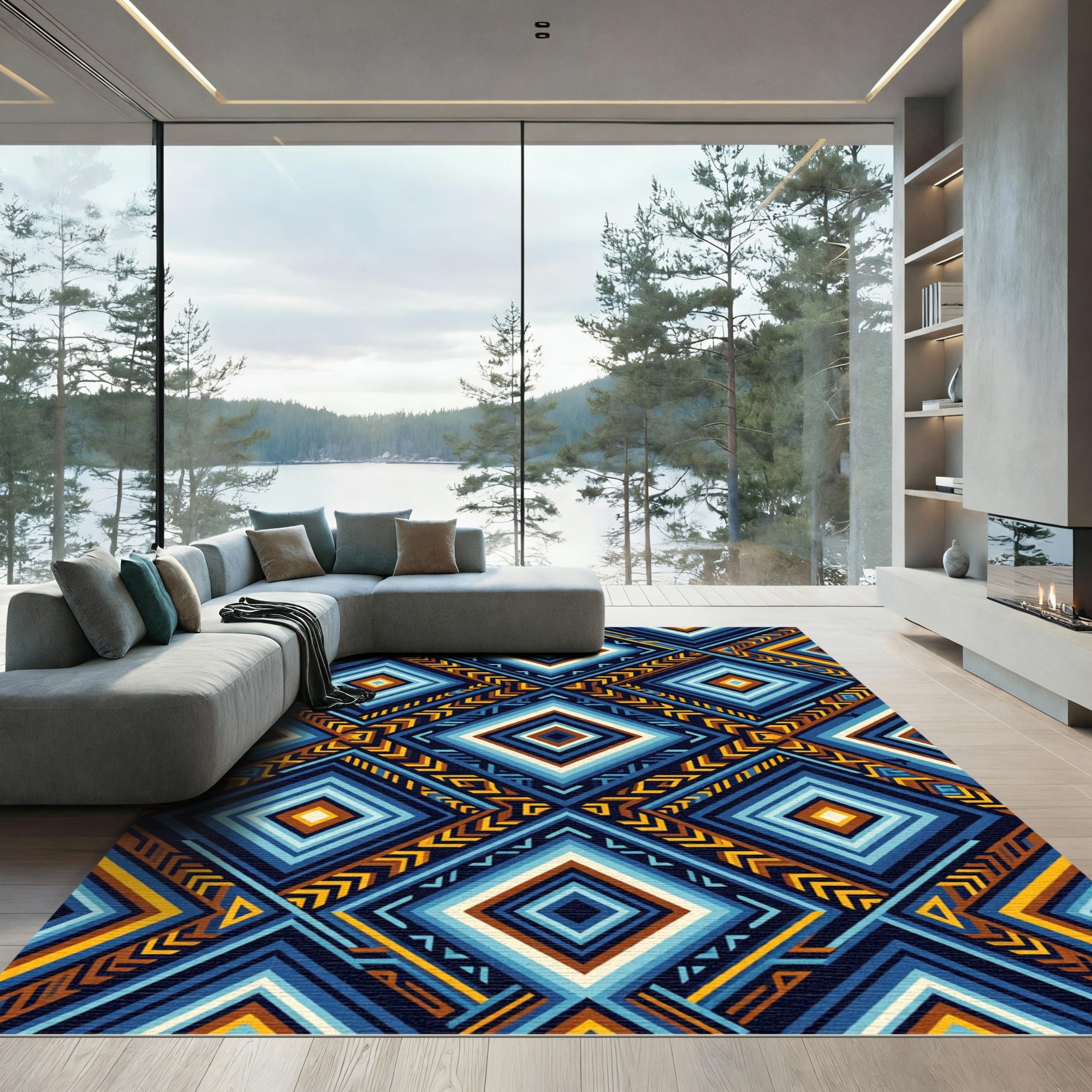 Bold Blue Diamond Geometric Rug