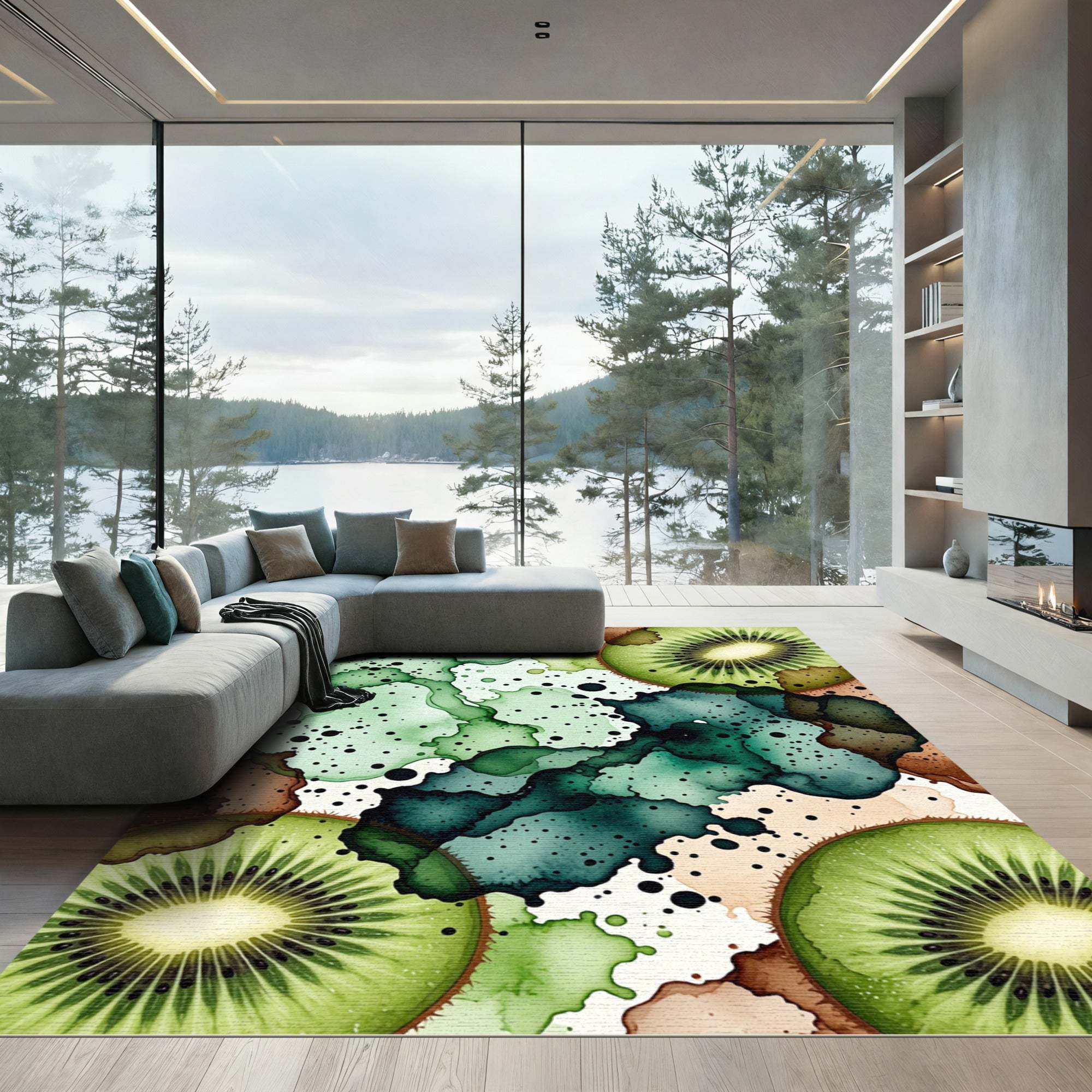Vibrant Kiwi Slice Abstract Watercolor Rug