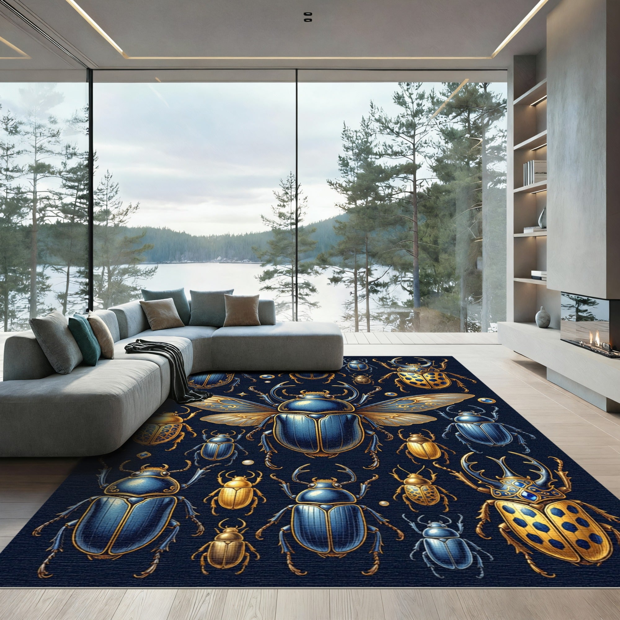 Ornate Golden Beetle And Sapphire Insect Rug