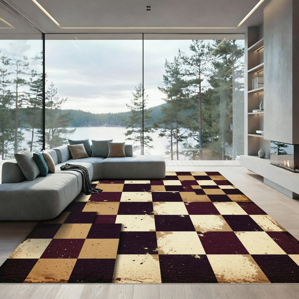 Aged Checkerboard Burgundy Tan Rug