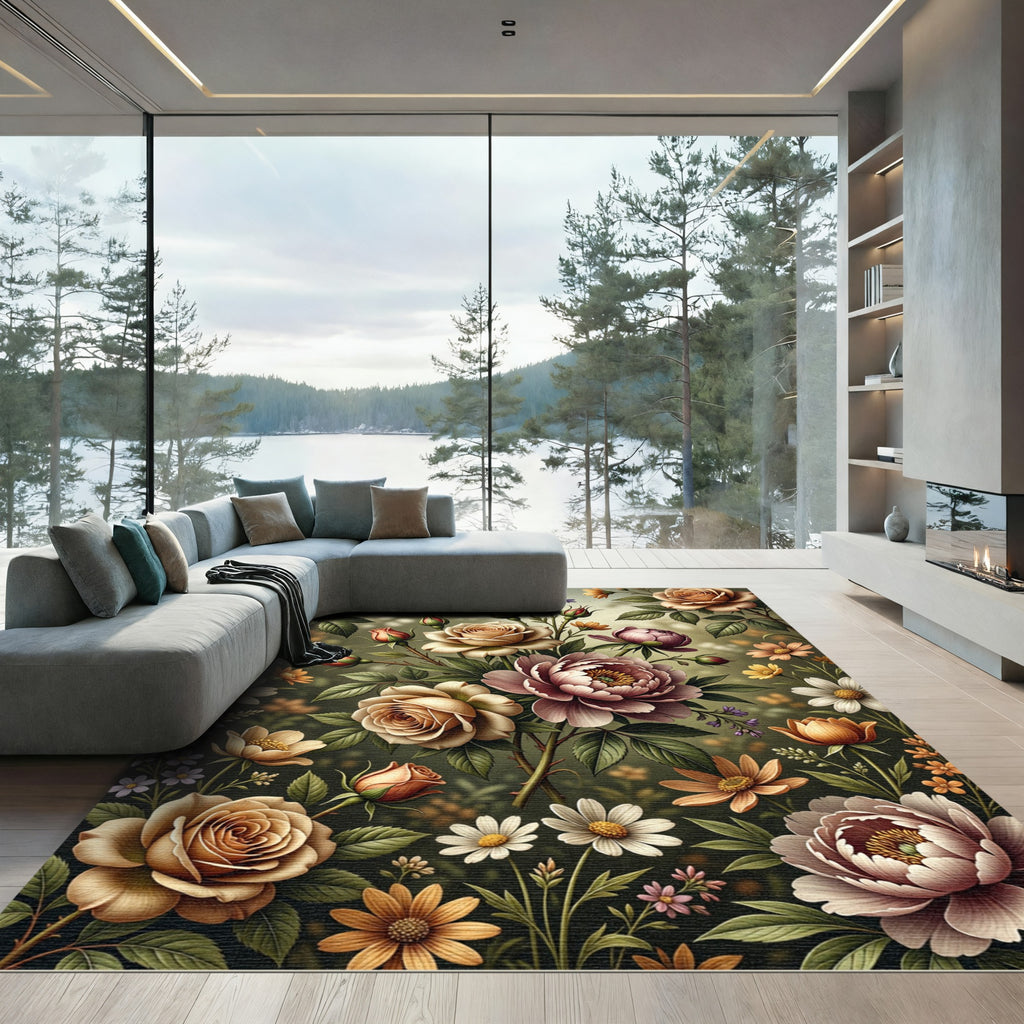 Vintage Romantic Rose Peony Bouquet Rug