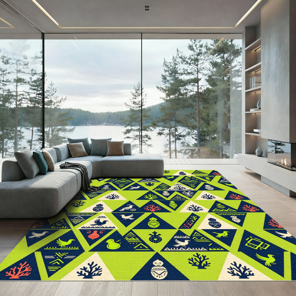 Whimsical Tribal Bird Trees Triangle Pattern Rug