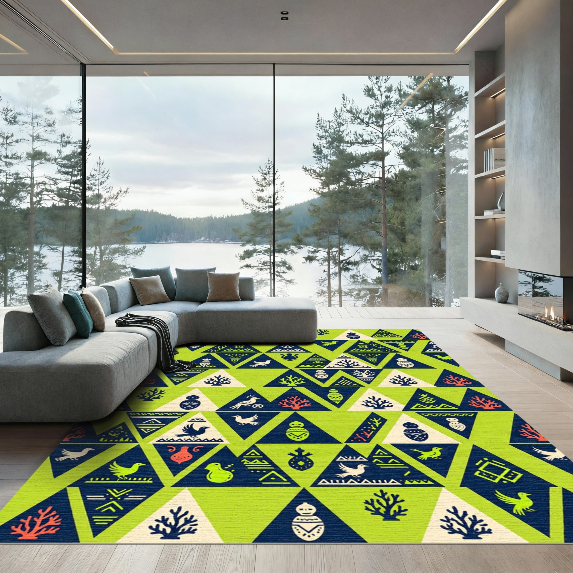 Whimsical Tribal Bird Trees Triangle Pattern Rug