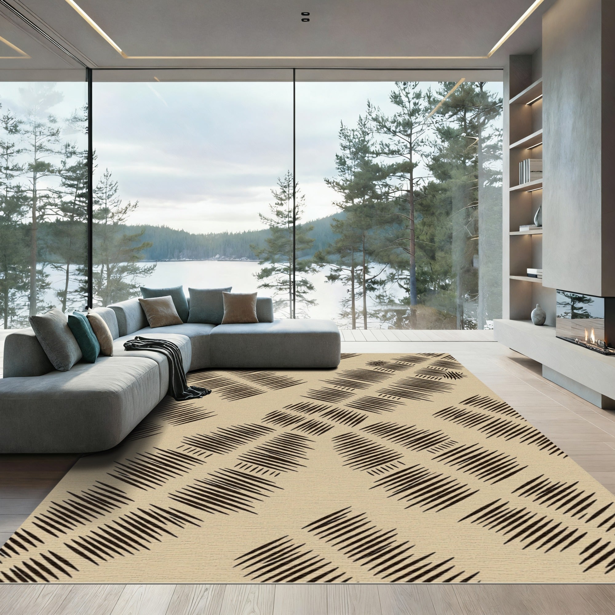 Textured Black White Diamond Lines Rug