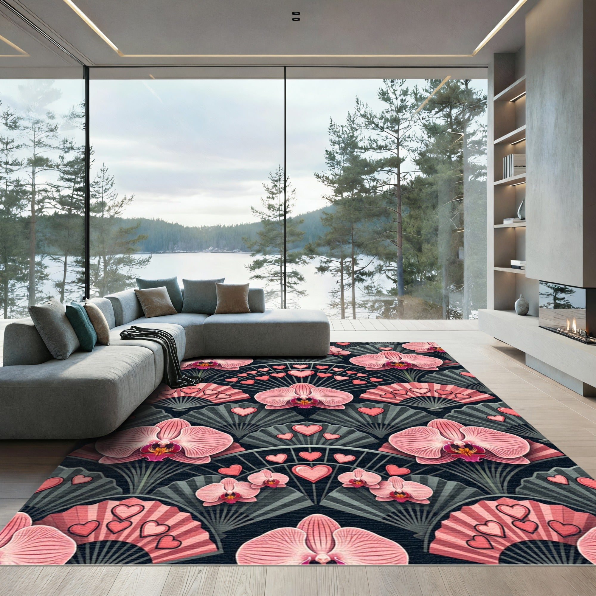 Pink Orchid Heart Fan Arrangement Rug