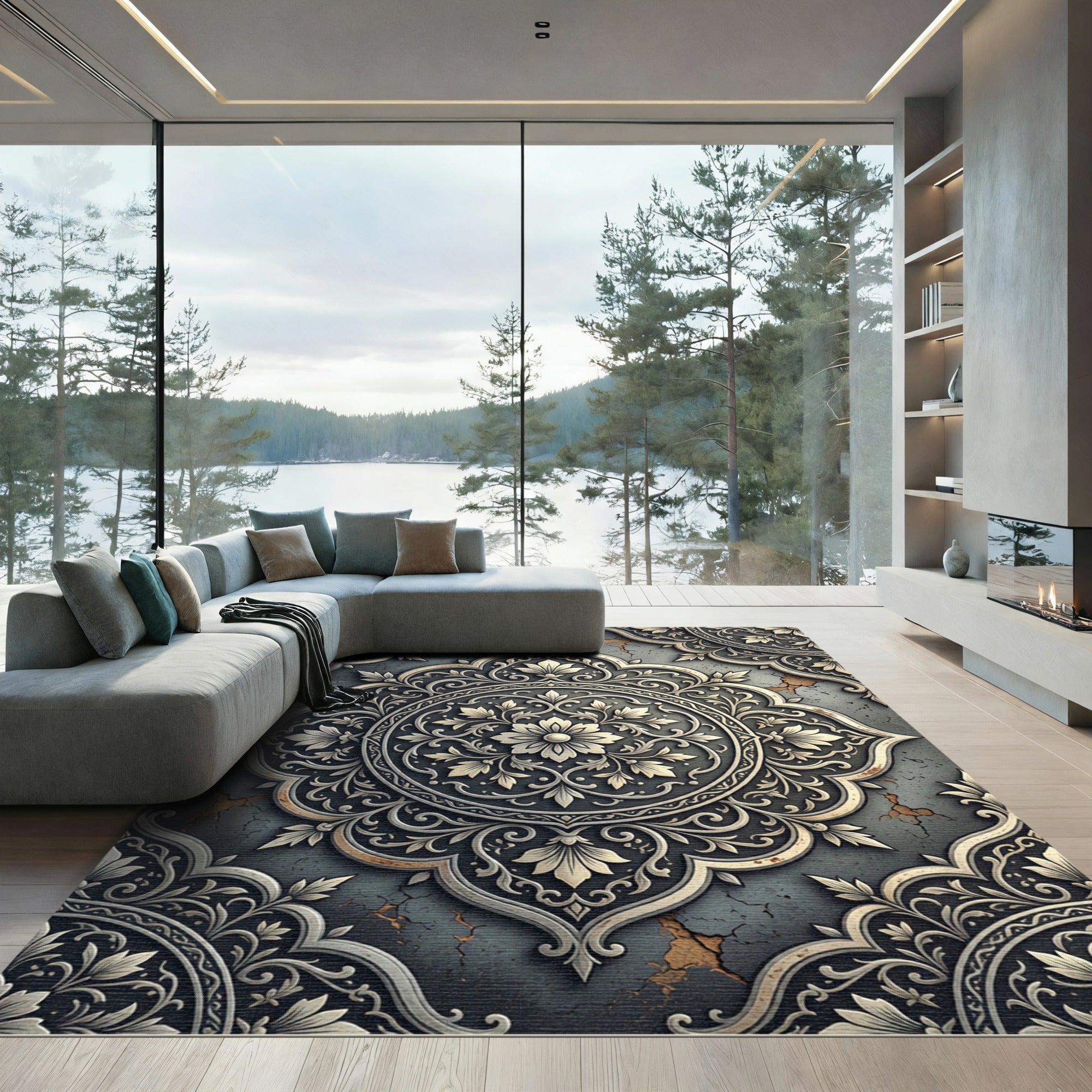 Elegant Antiqued Silver Floral Medallion Rug