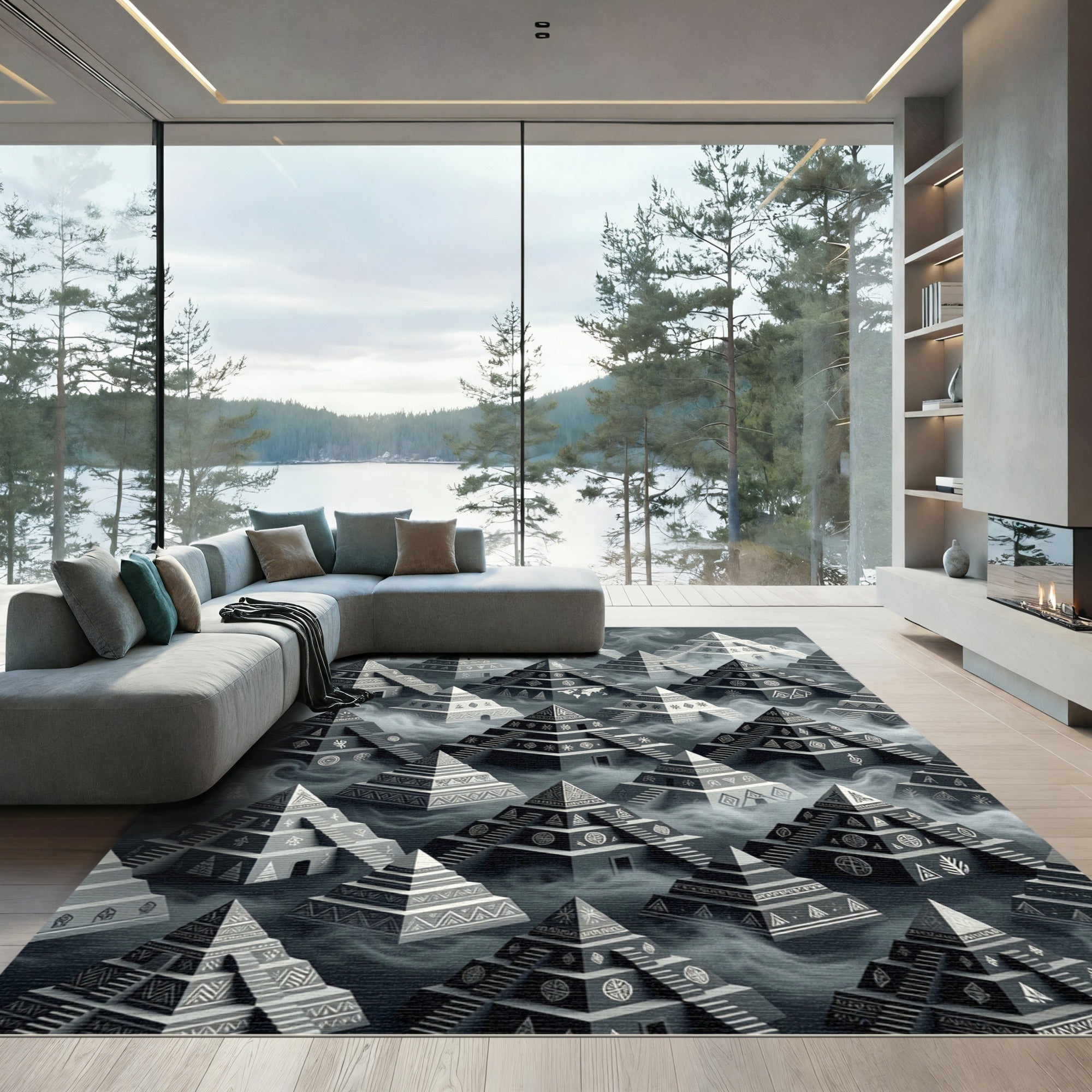 Monochromatic Tiered Pyramid Staircase Medallions Rug