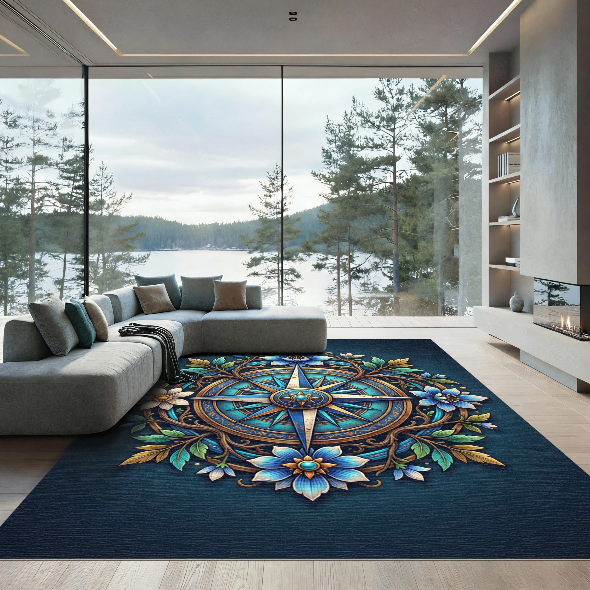 Botanical Blue Compass Floral Medallion Rug