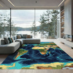 Deep Blue World Map Topographic Art Rug