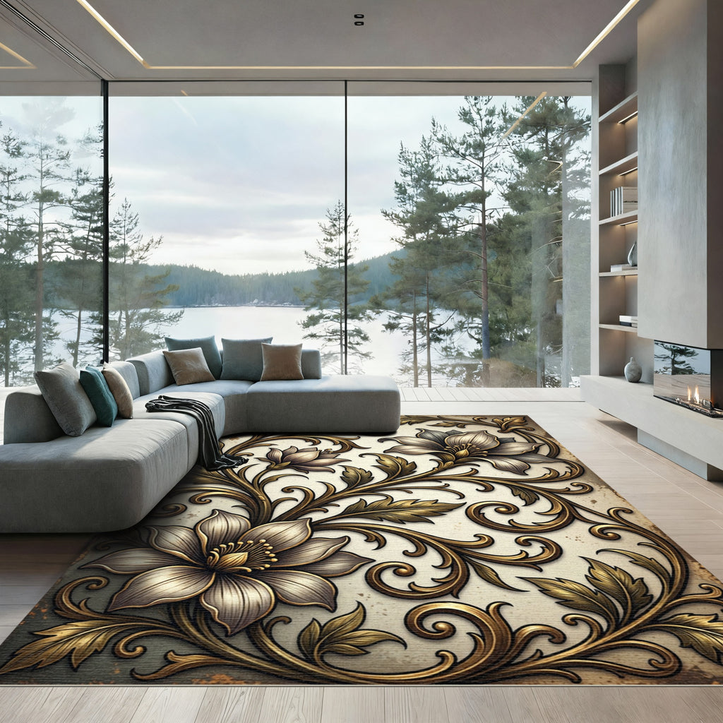 Elegant Golden Floral Scrollwork Art Rug