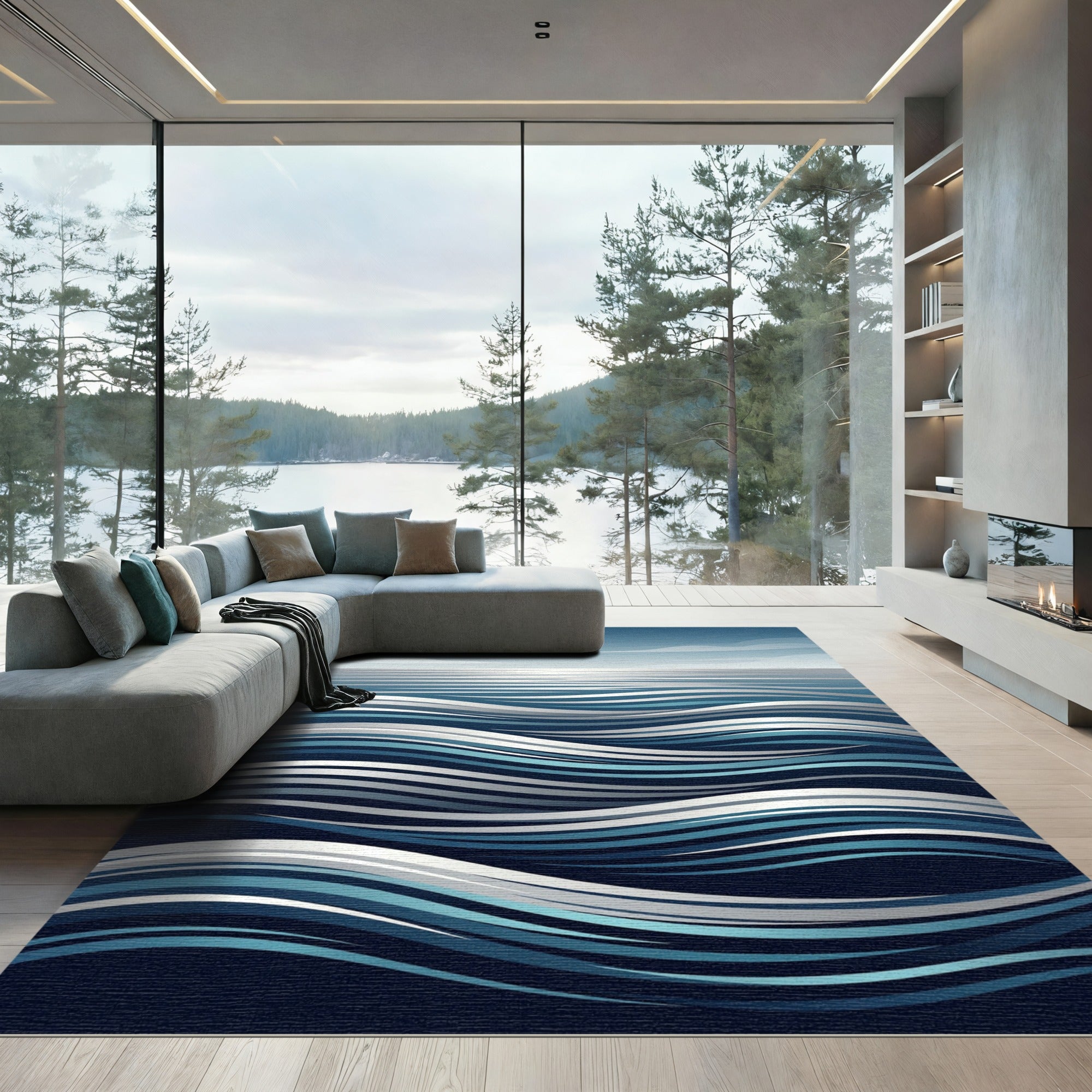 Modern Abstract Blue Ocean Swell Rug