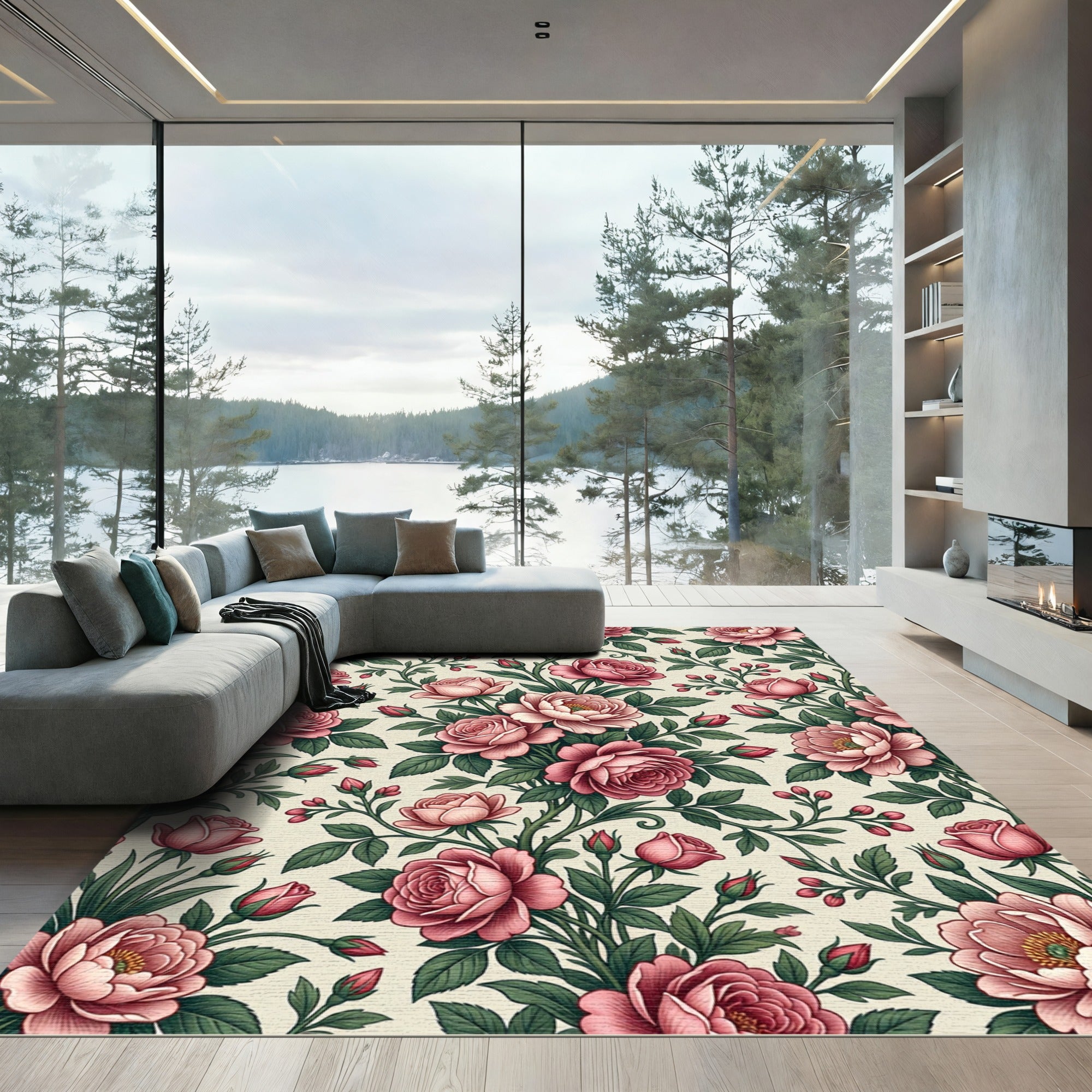 Elegant Pink Rose Garden Floral Rug