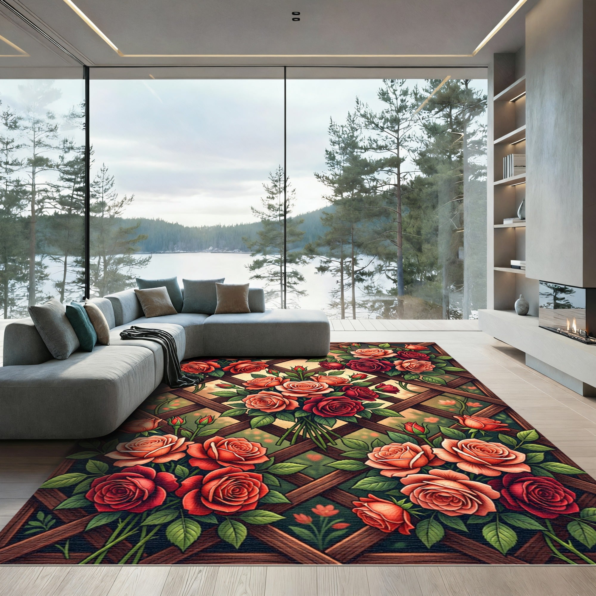Garden Lattice Red Coral Roses Rug
