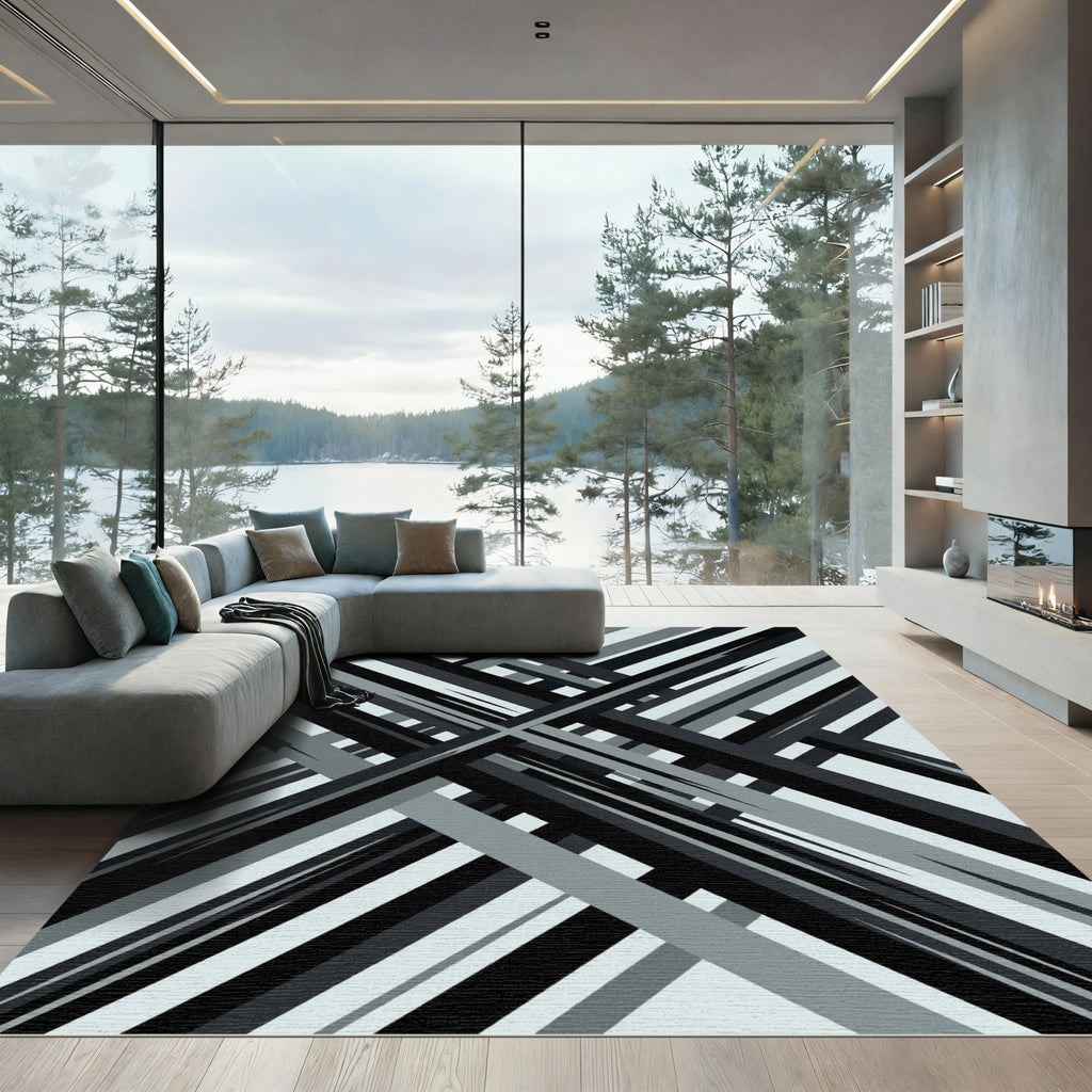 Modern Monochrome Charcoal Geometric Crosshatch Rug