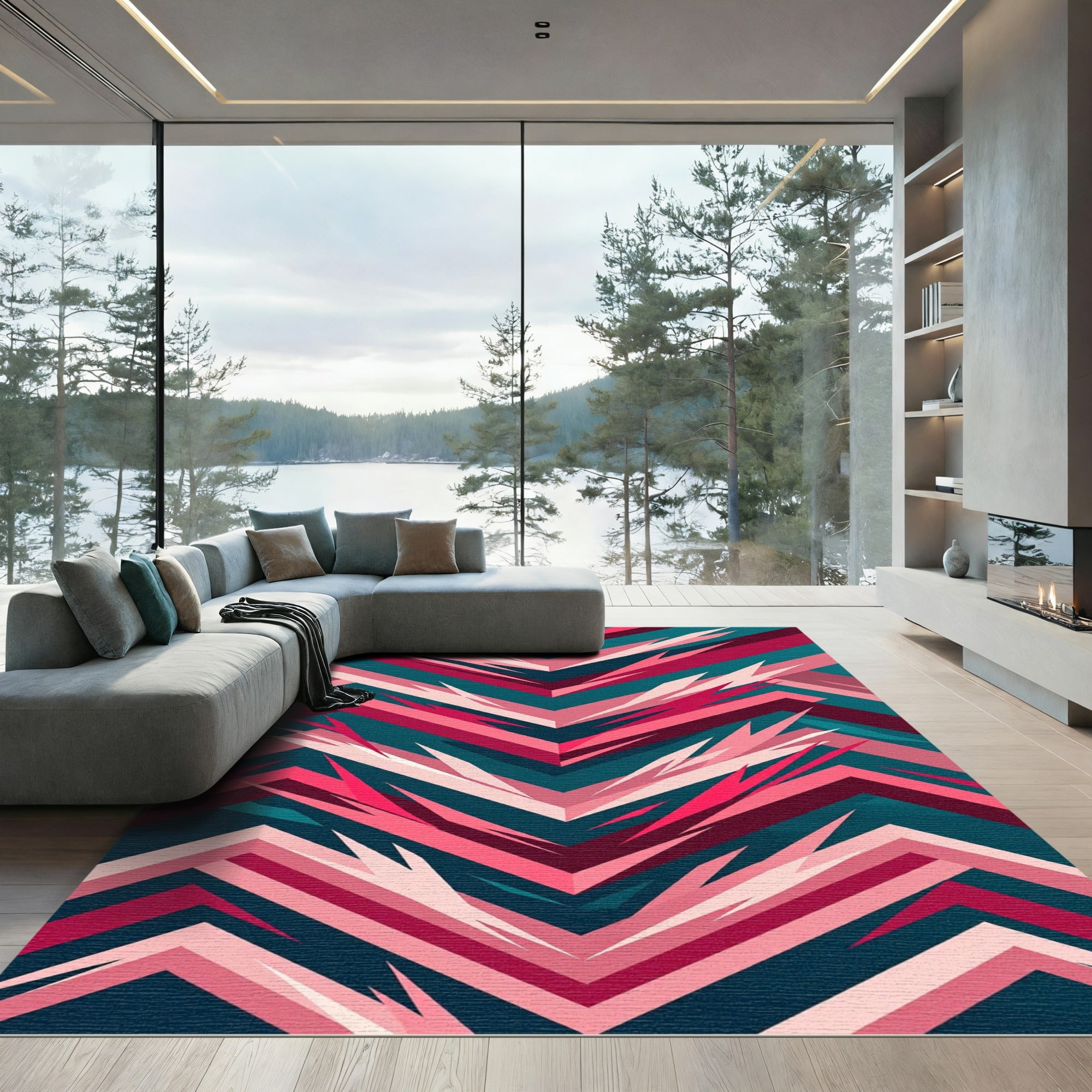Teal Pink Jagged Chevron stripes Rug