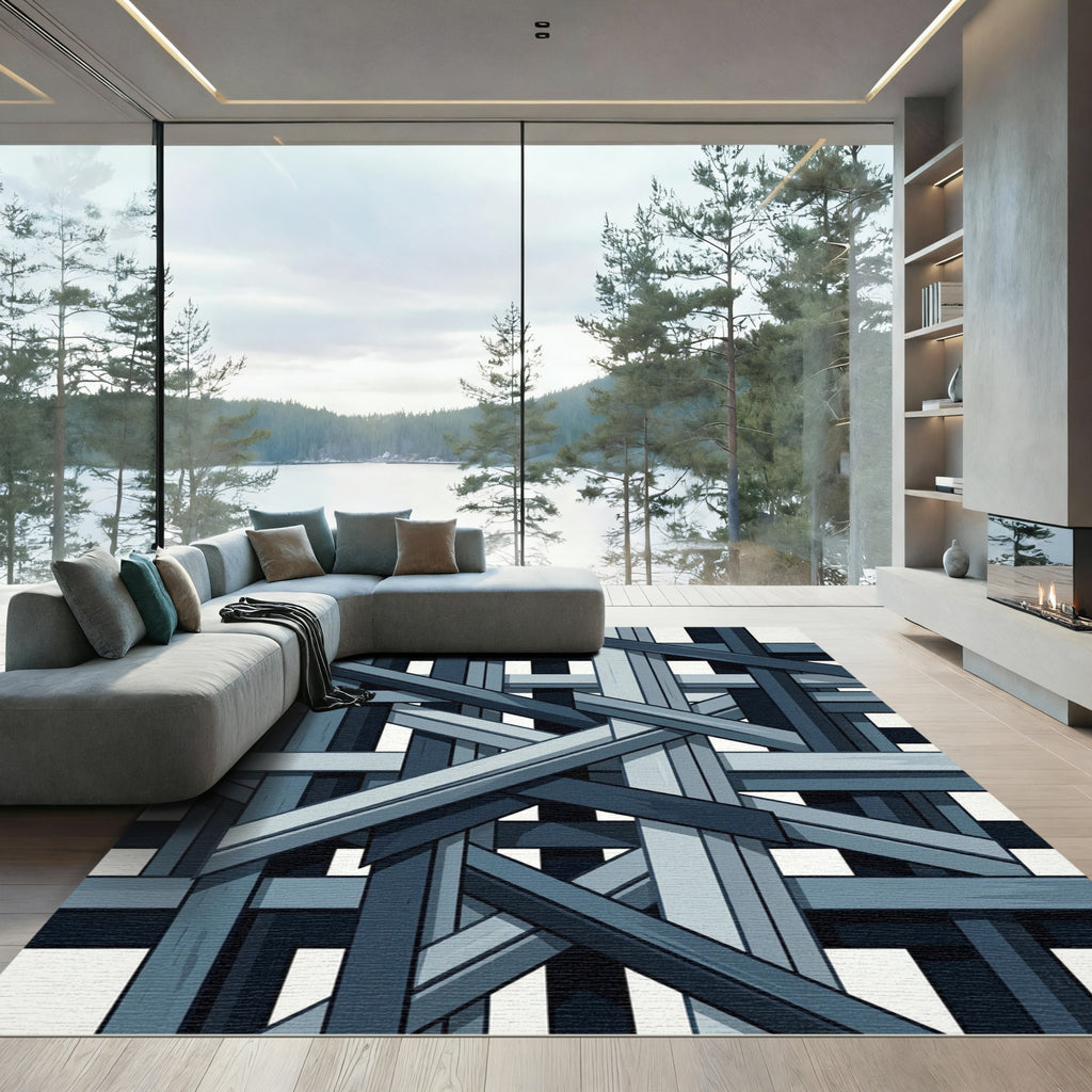 Modern Blue Interlocking Geometric Weave Rug