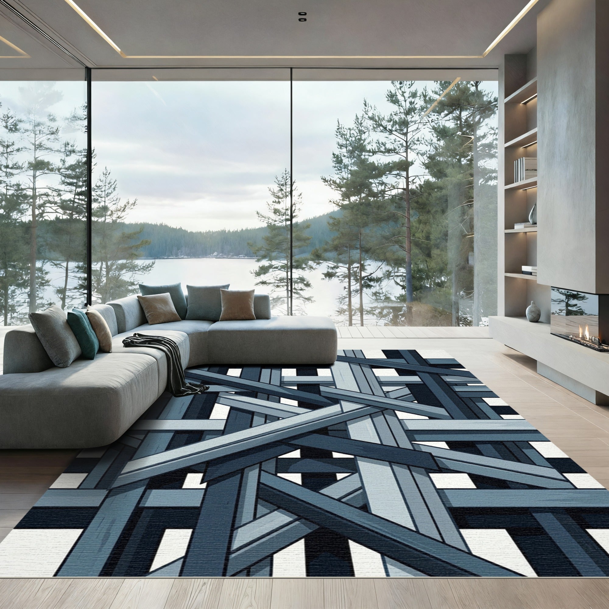 Modern Blue Interlocking Geometric Weave Rug