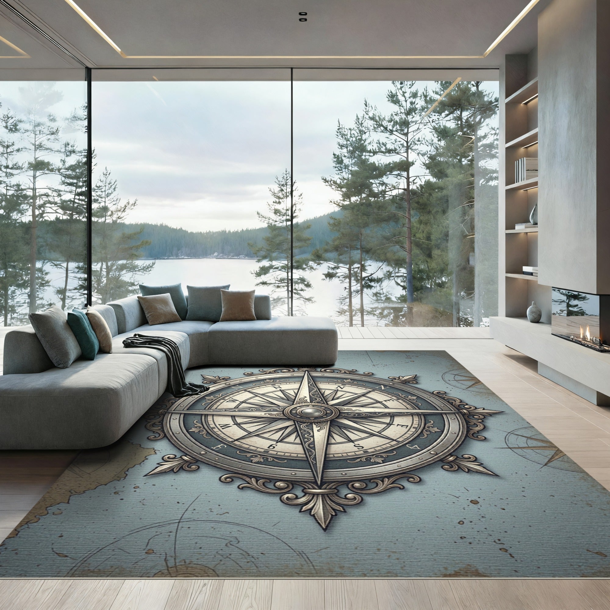 Antique Nautical Compass Silver Mariner Wall Art Rug