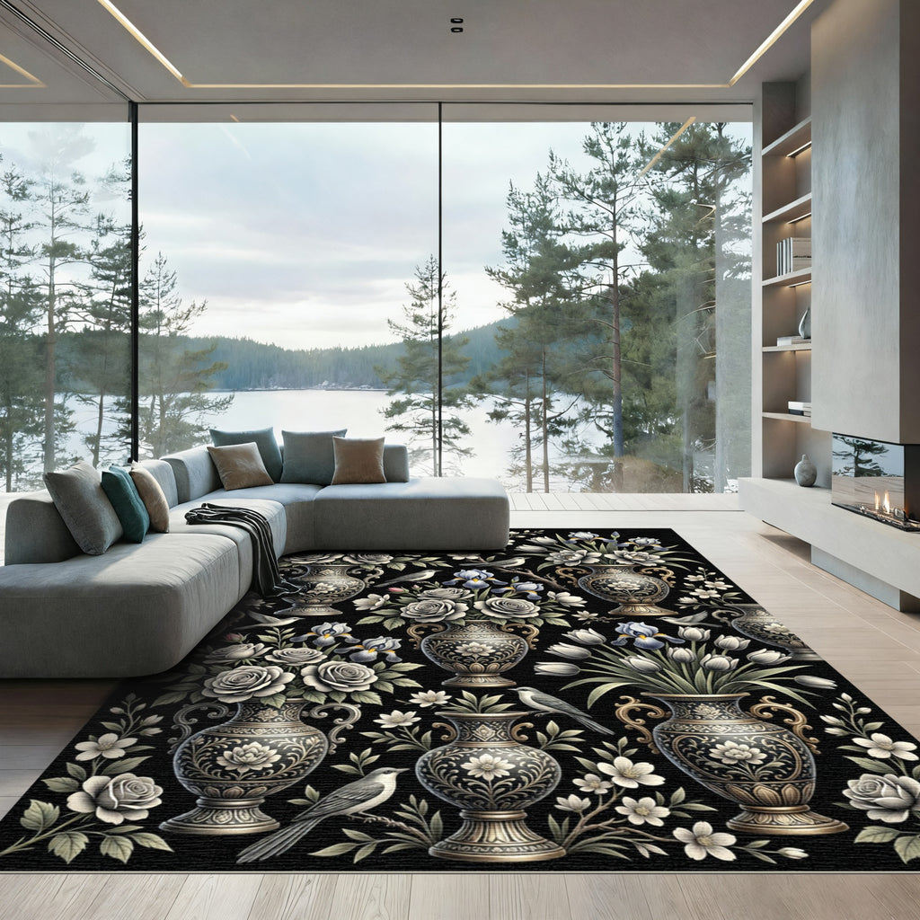Elegant Black Floral Iris Vase Rug
