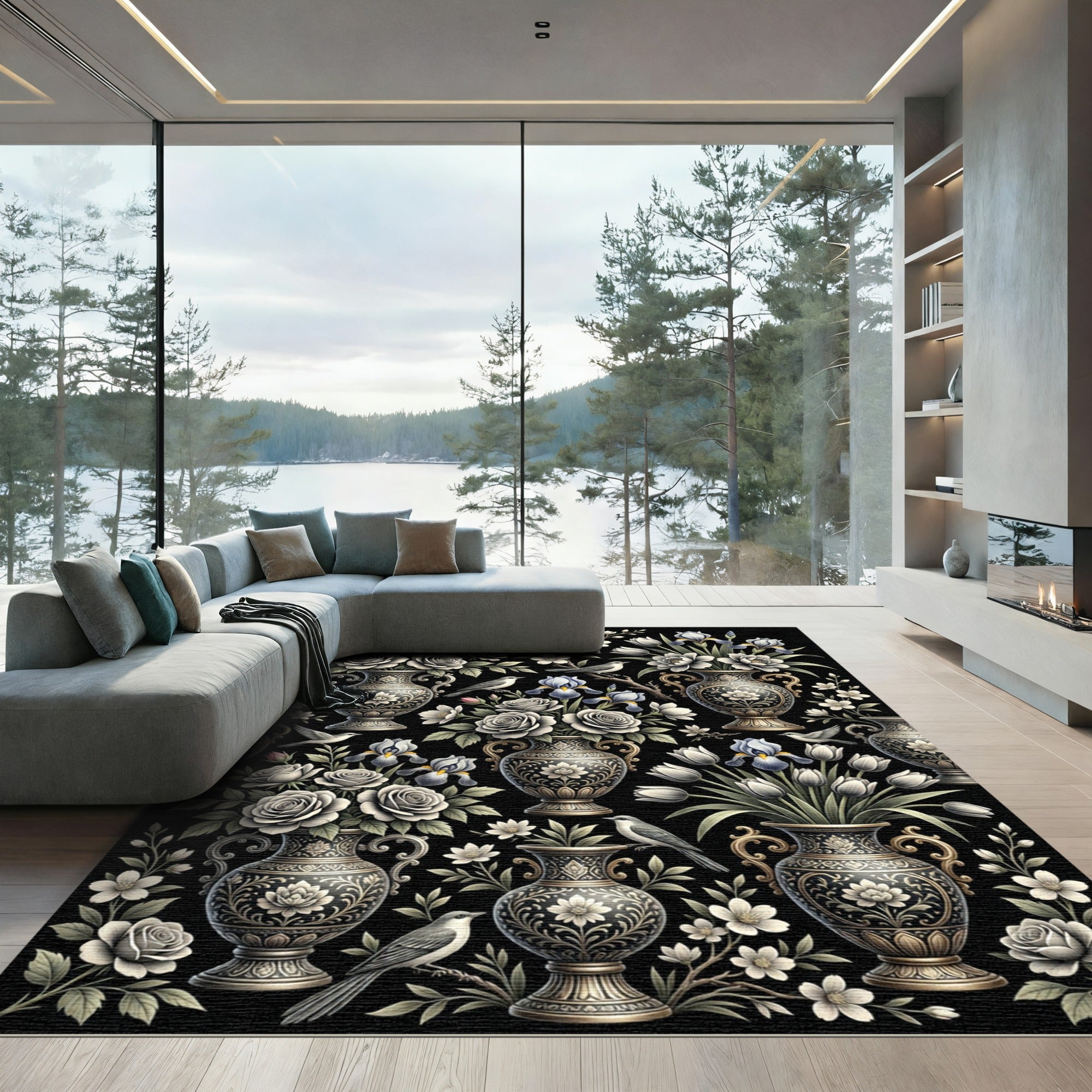 Elegant Black Floral Iris Vase Rug