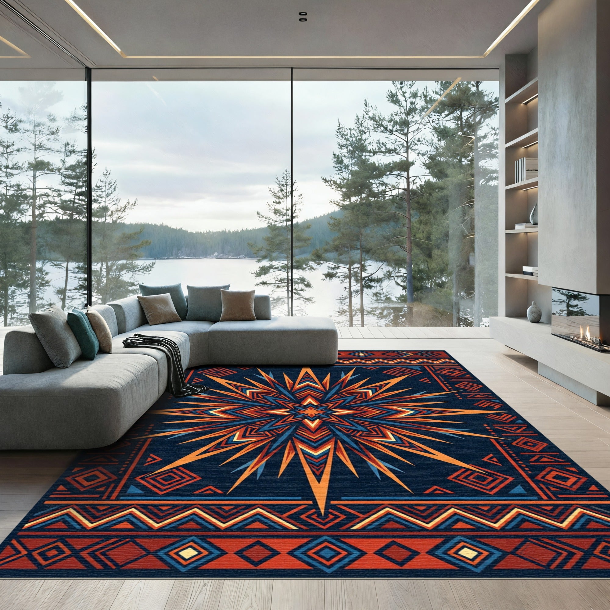 Bold Geometric Sunburst With Tribal Border Rug