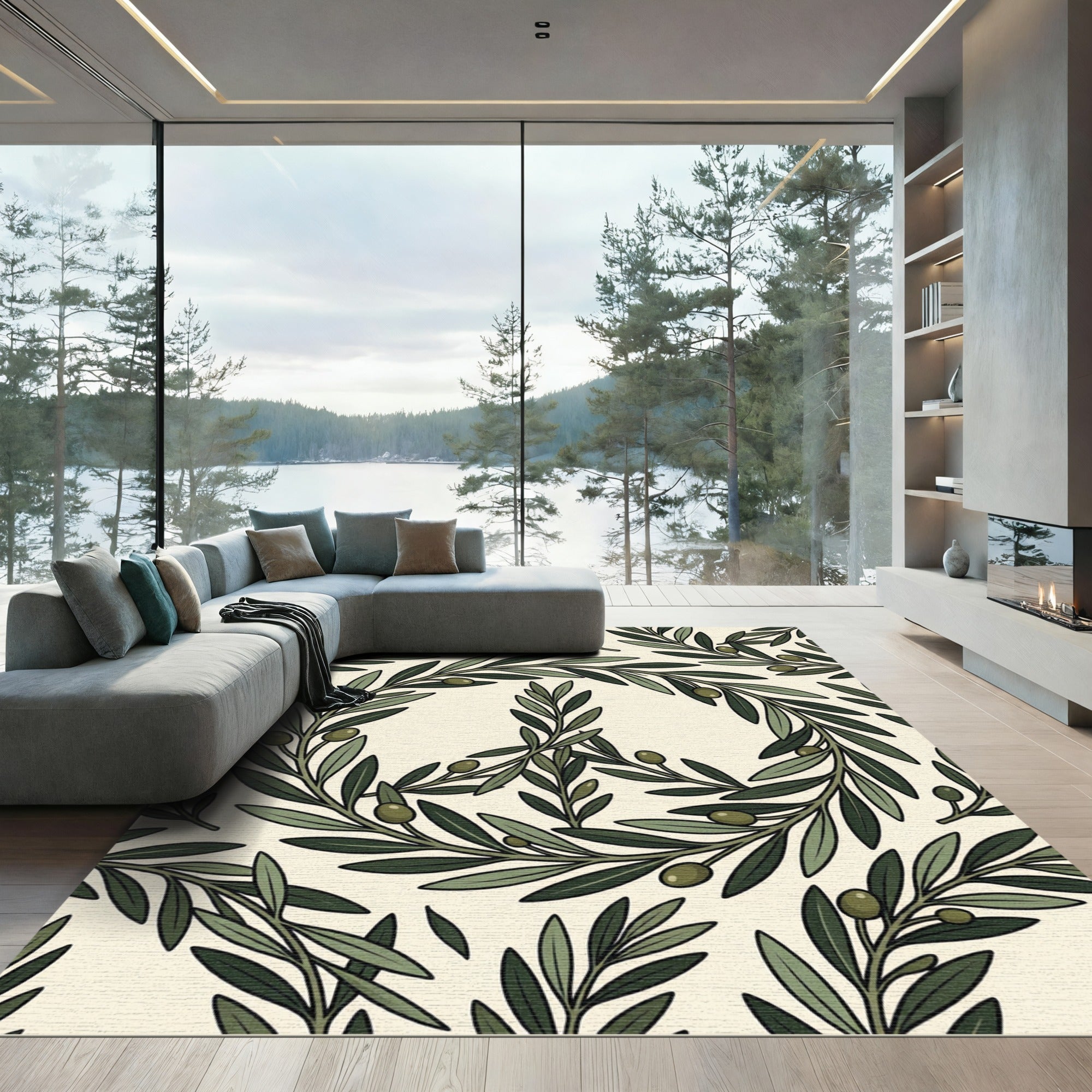 Green Olive Branch Wreath Cream Rug