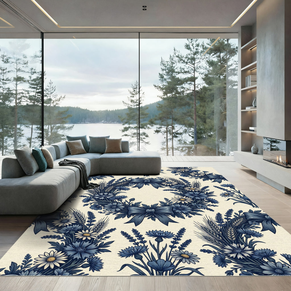 Blue Floral Wreath with Wheat Accents Rug
