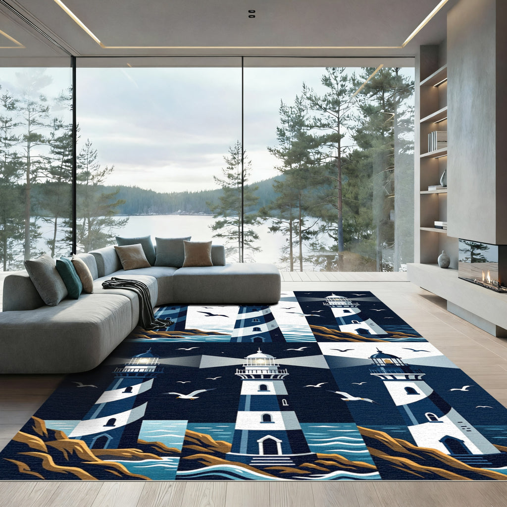 Coastal Nautical Lighthouse Seaside Scene Rug