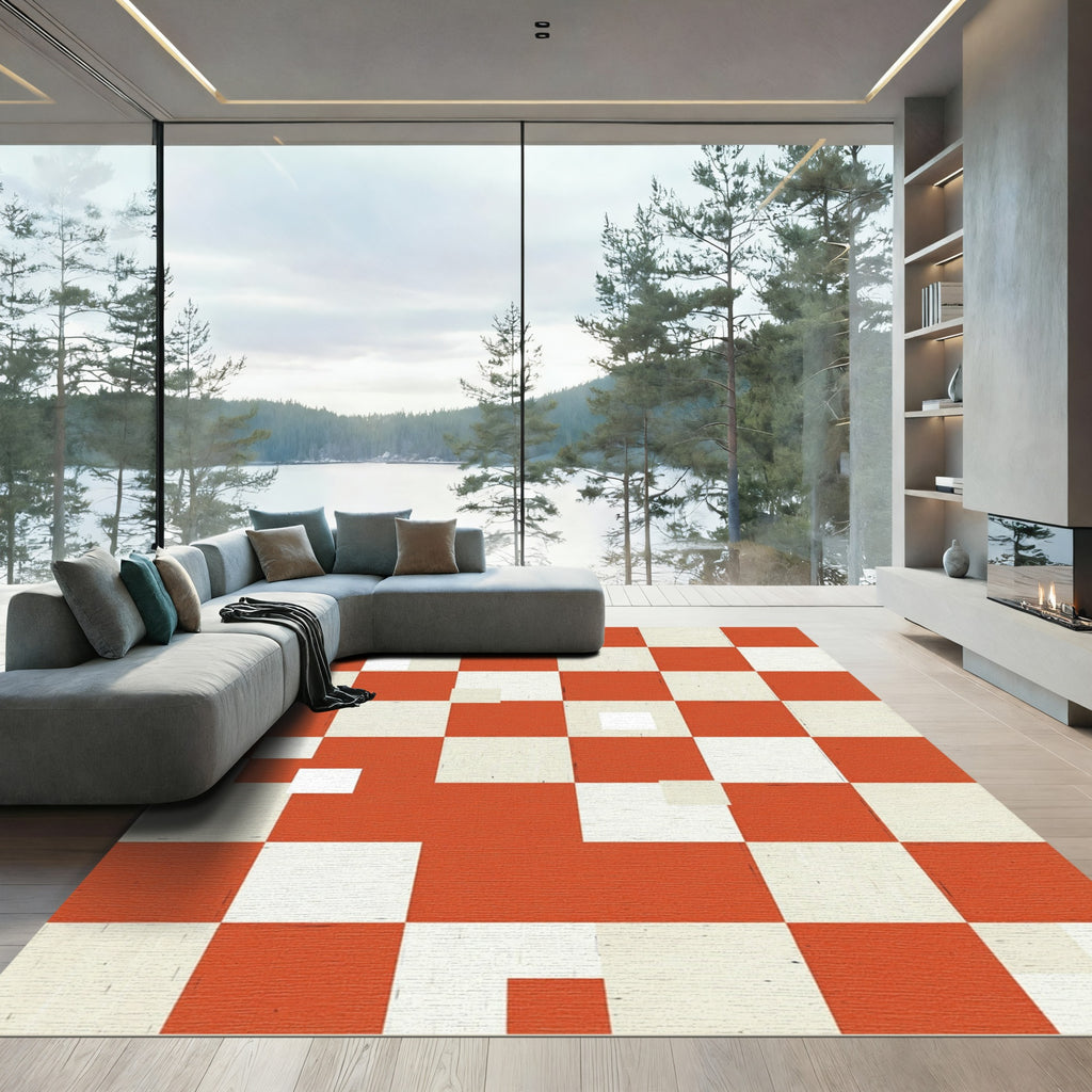 Retro Orange Cream Checkered Squares Rug